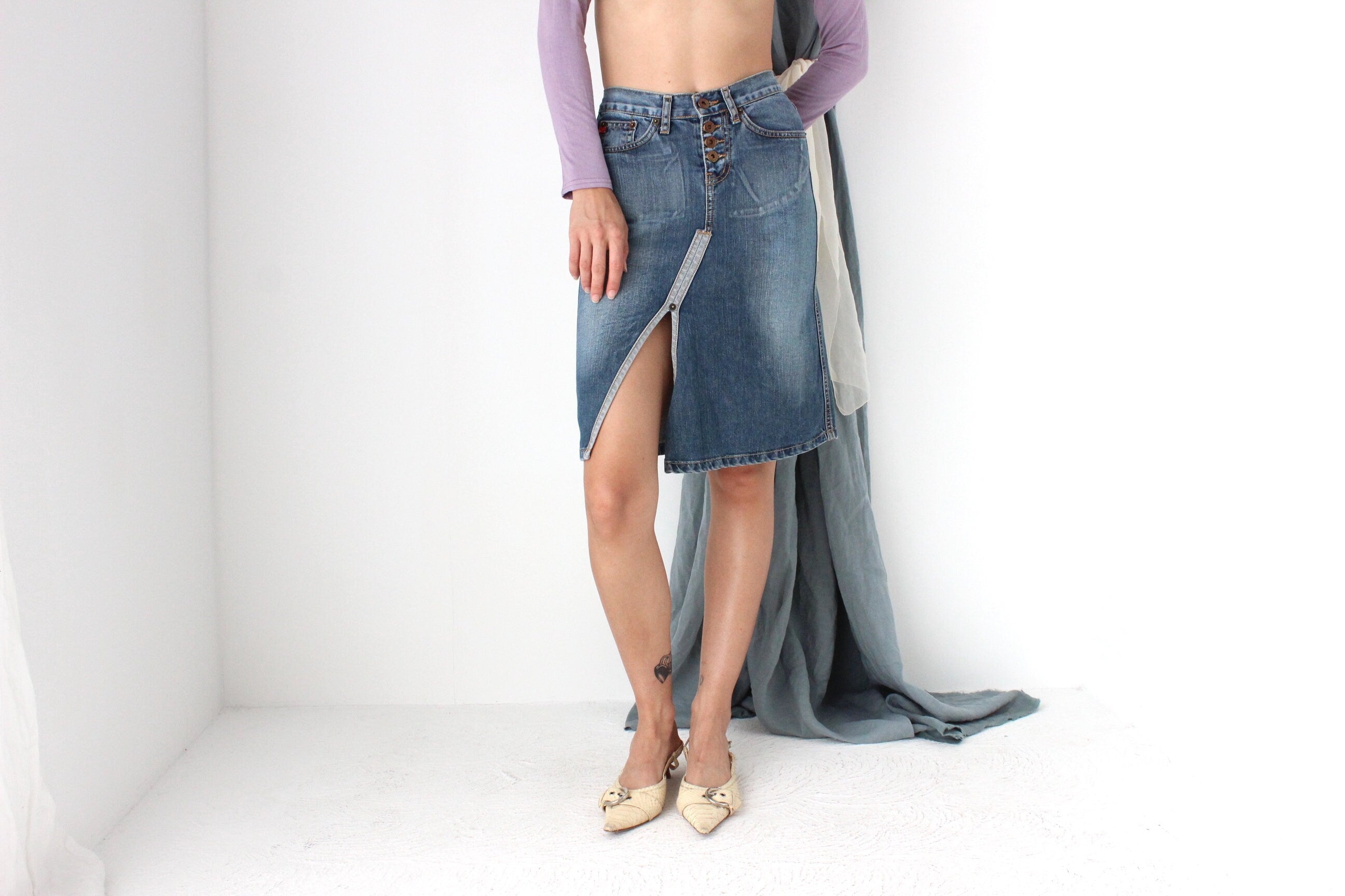 MADE IN ITALY Washed Out Phard Y2K Denim Skirt