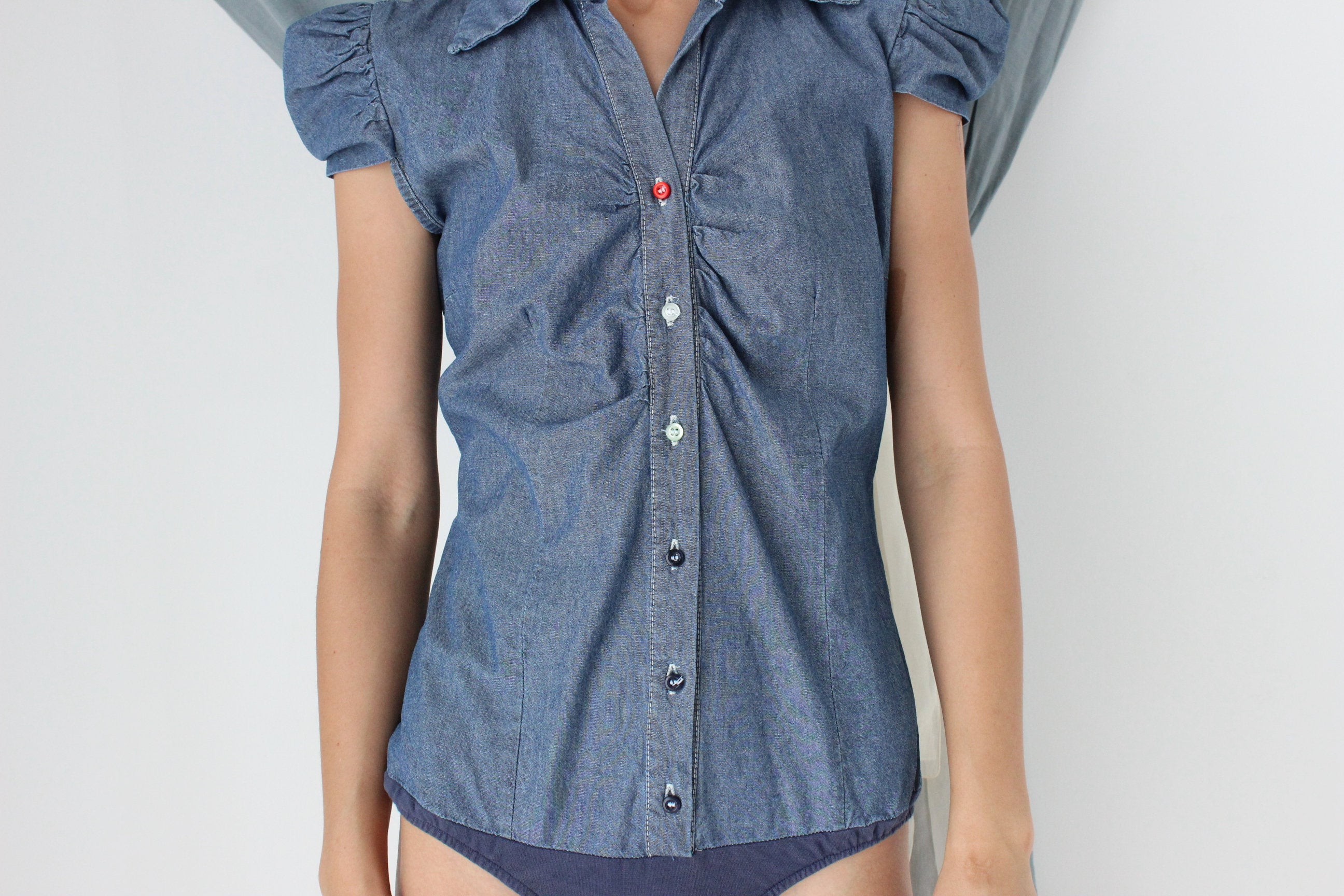 MADE IN ITALY 2000s Denim Puff Sleeve Bodysuit w/ Rainbow Buttons