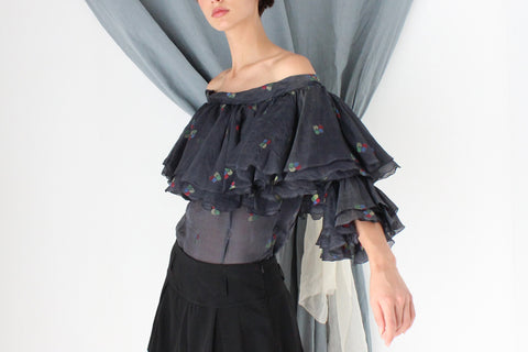 MADE IN ITALY 70s Silk Organza Voluminous Off Shoulder Top