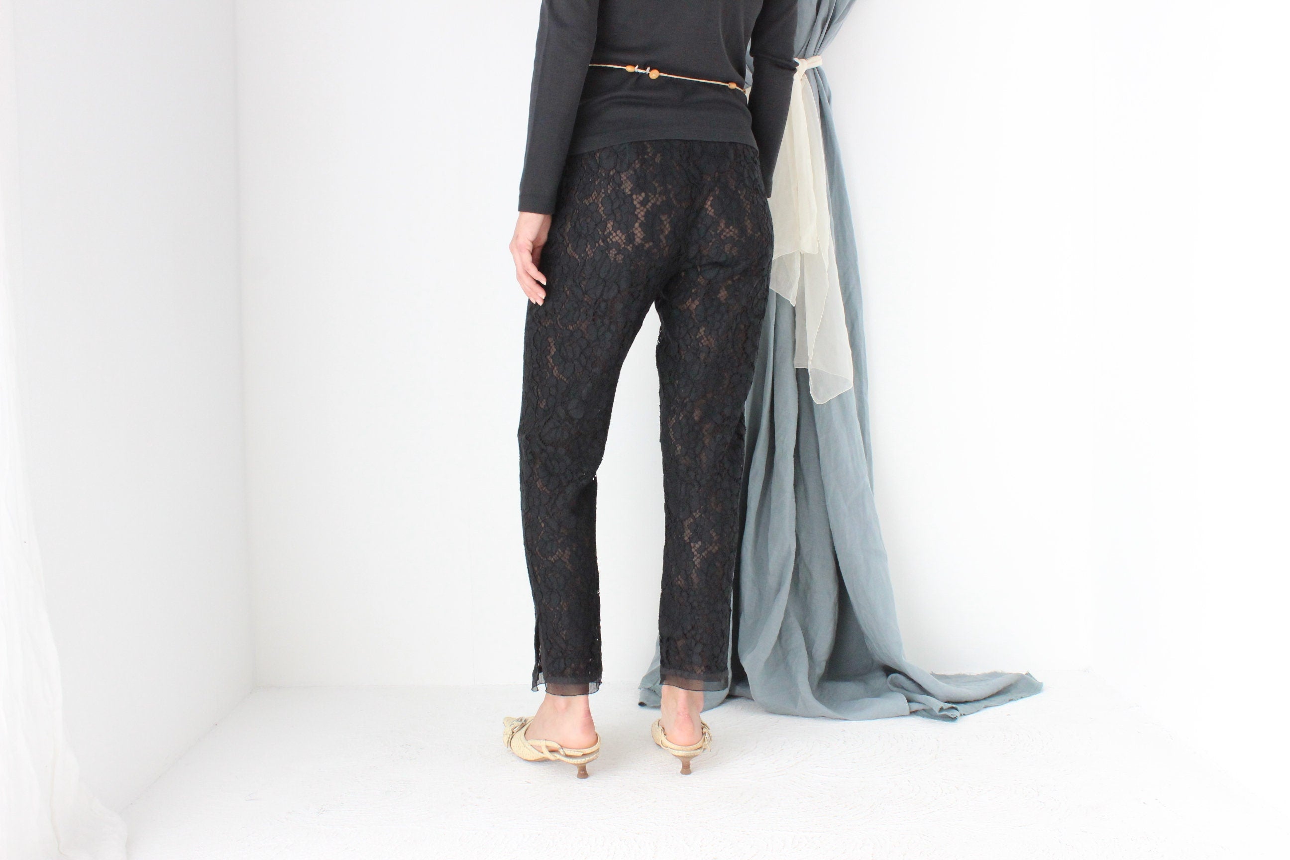 2000s PRADA Sheer Black Lace High Waist Cropped Capri Pants