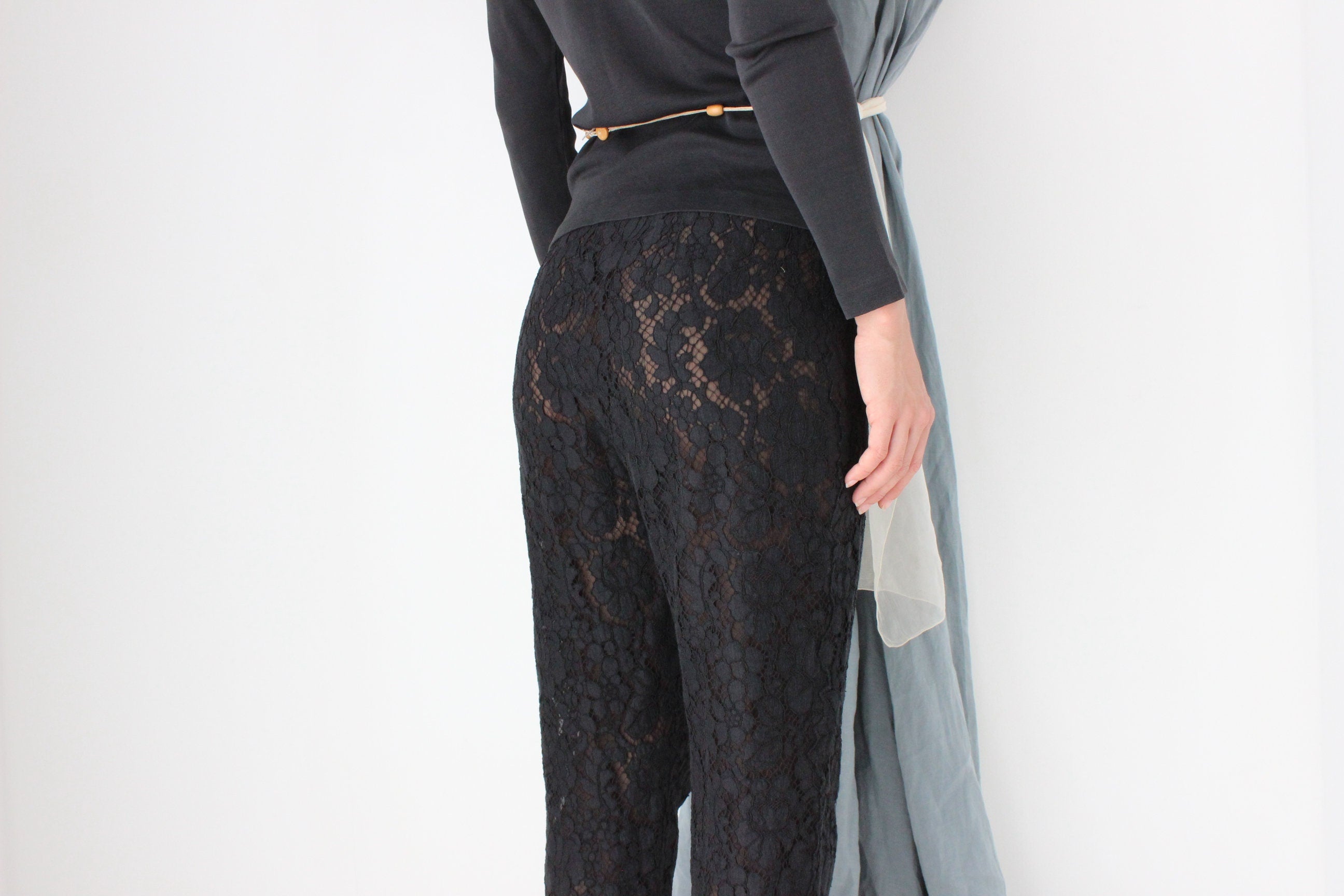 2000s PRADA Sheer Black Lace High Waist Cropped Capri Pants