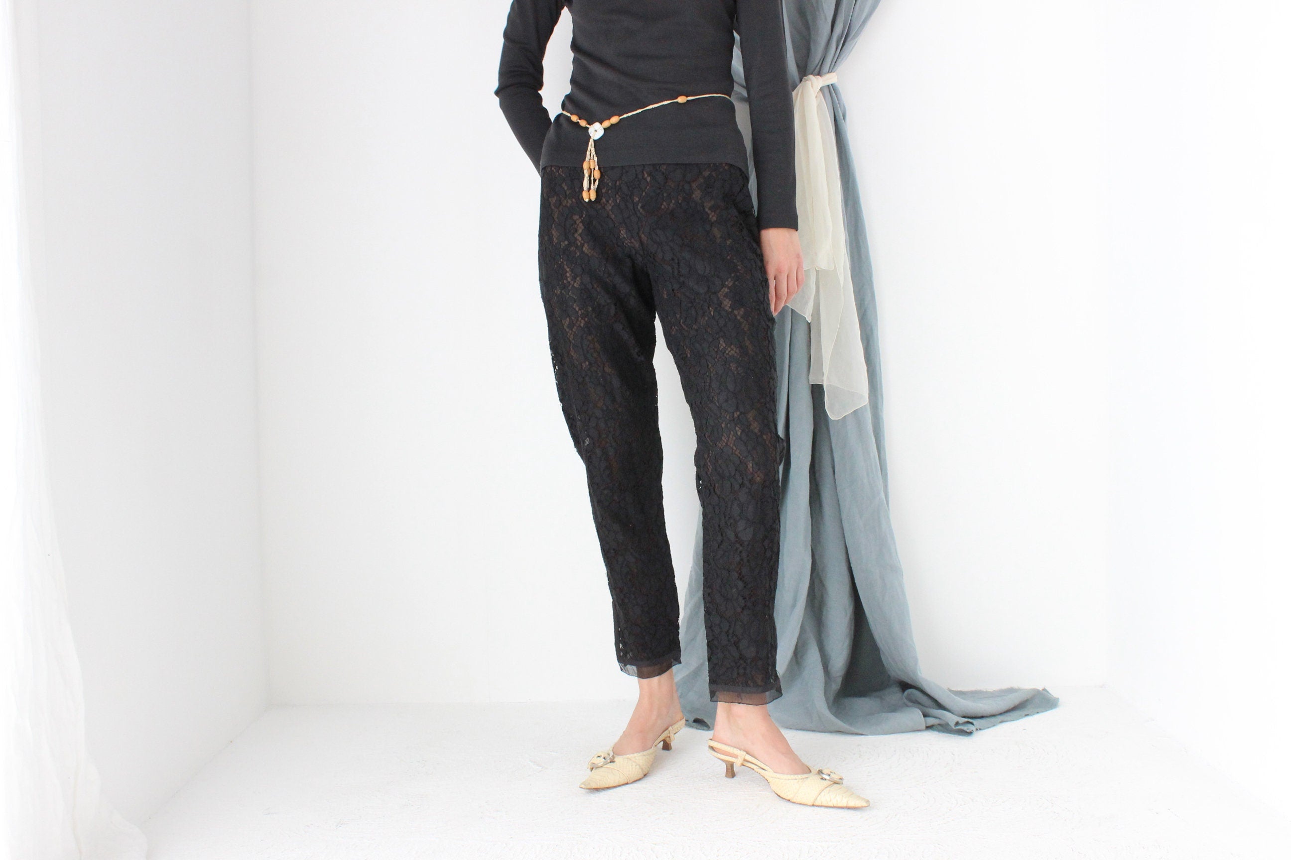 2000s PRADA Sheer Black Lace High Waist Cropped Capri Pants