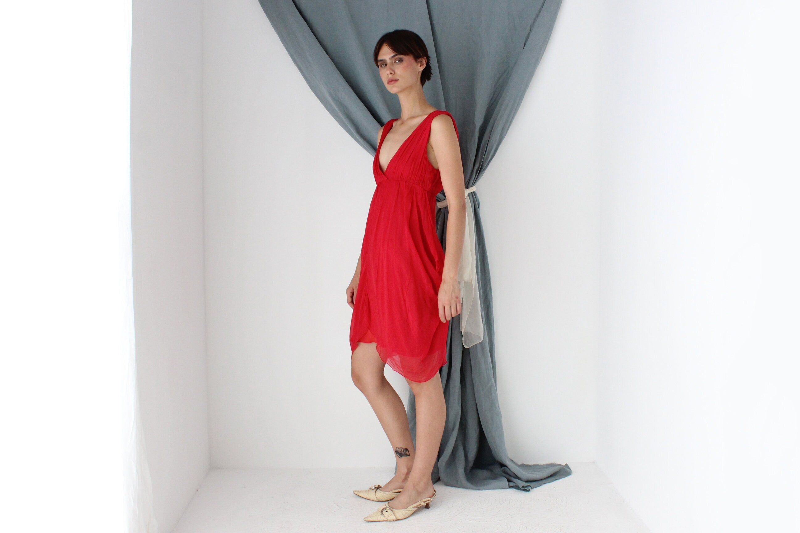 MADE IN ITALY 2000s Draped Silk Plunge Neck Dress