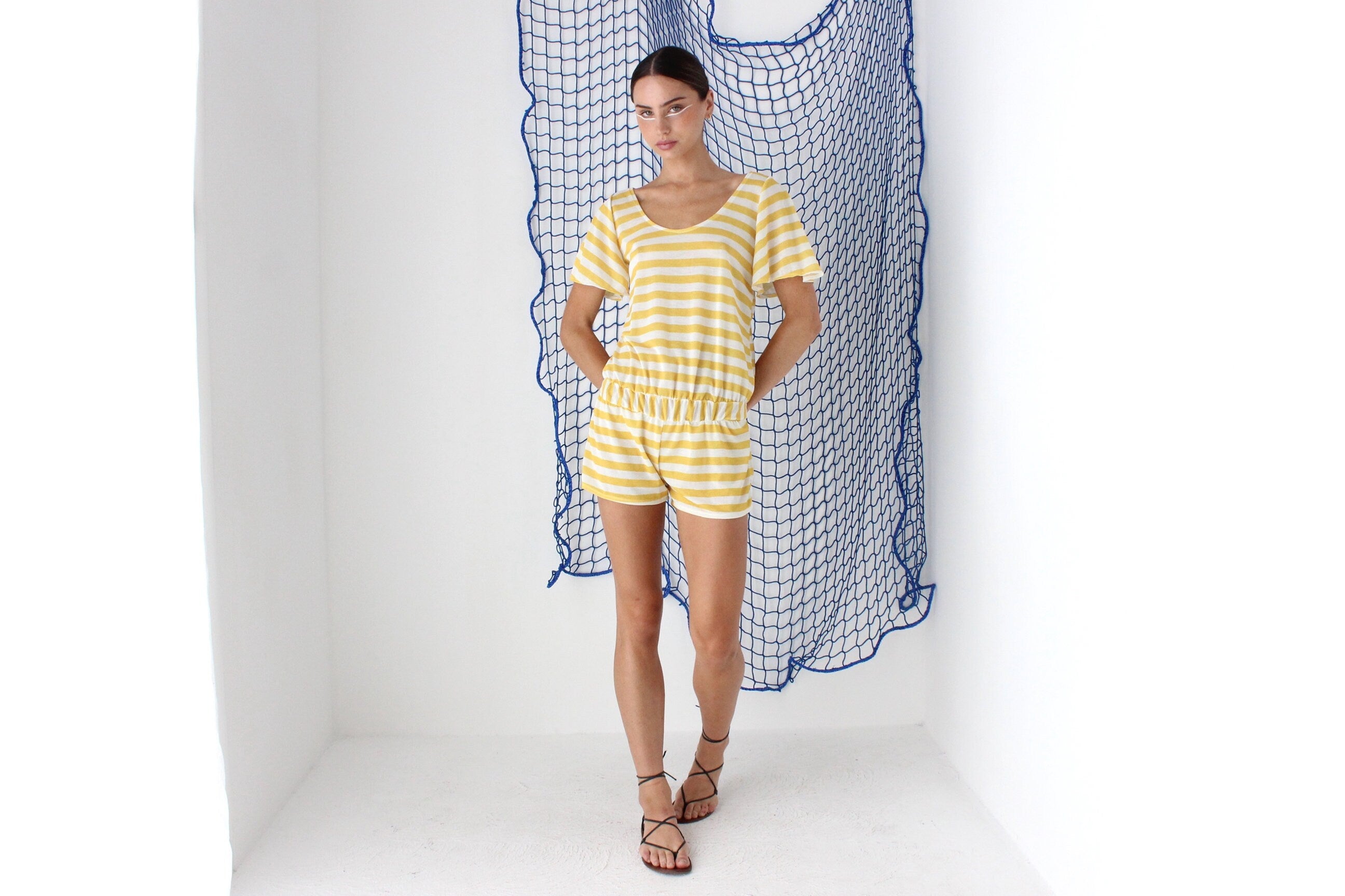 FOUND IN GREECE 2000s Striped Mesh Romper