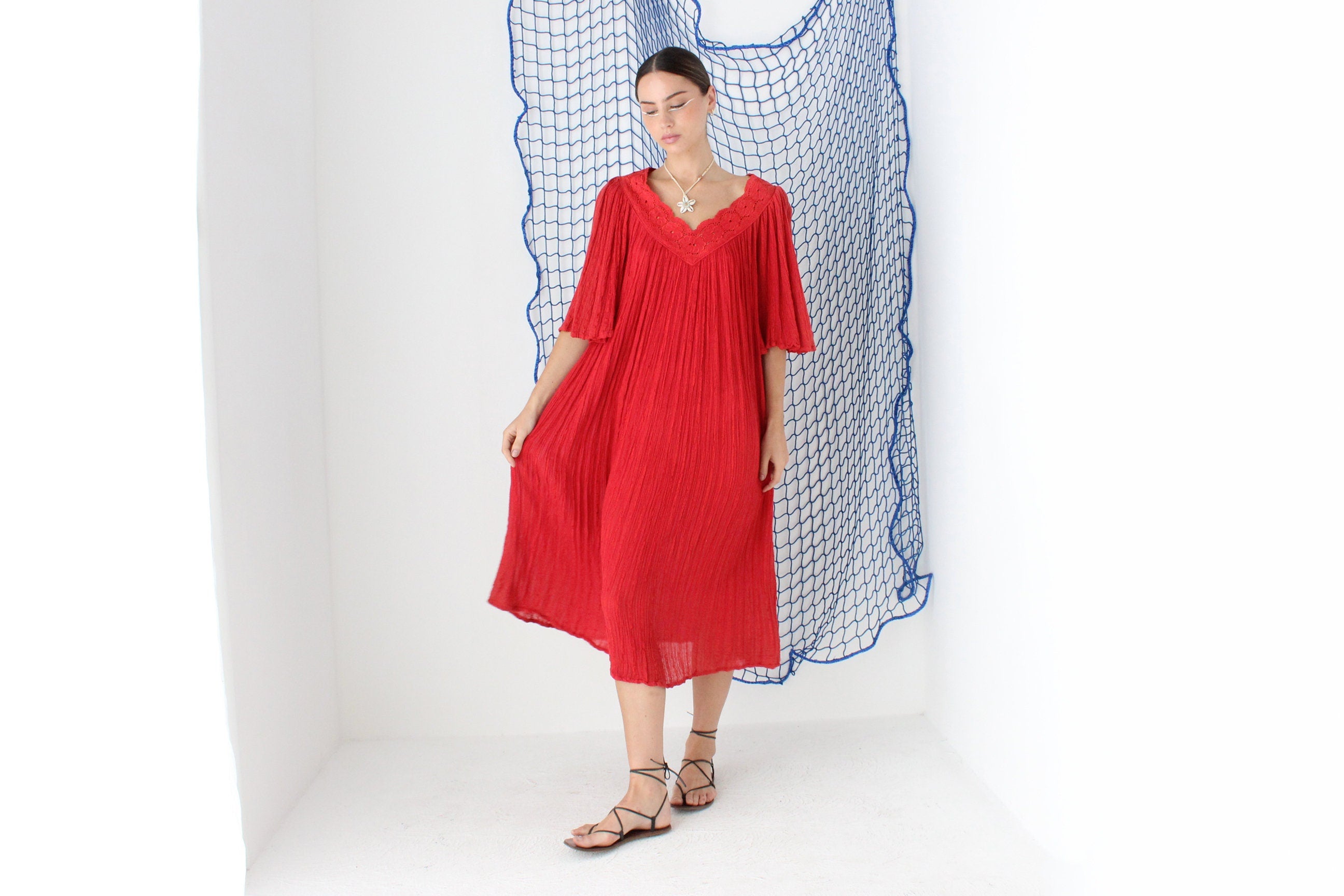 MADE IN GREECE 90s Cotton Gauze Smock Dress