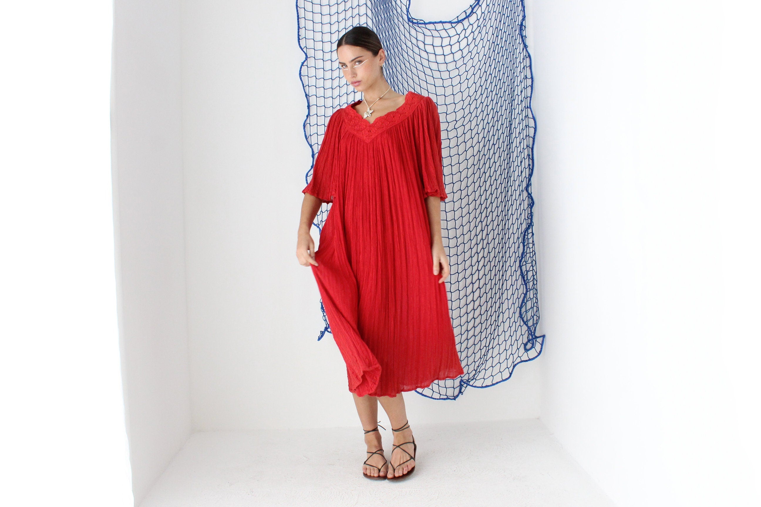 MADE IN GREECE 90s Cotton Gauze Smock Dress