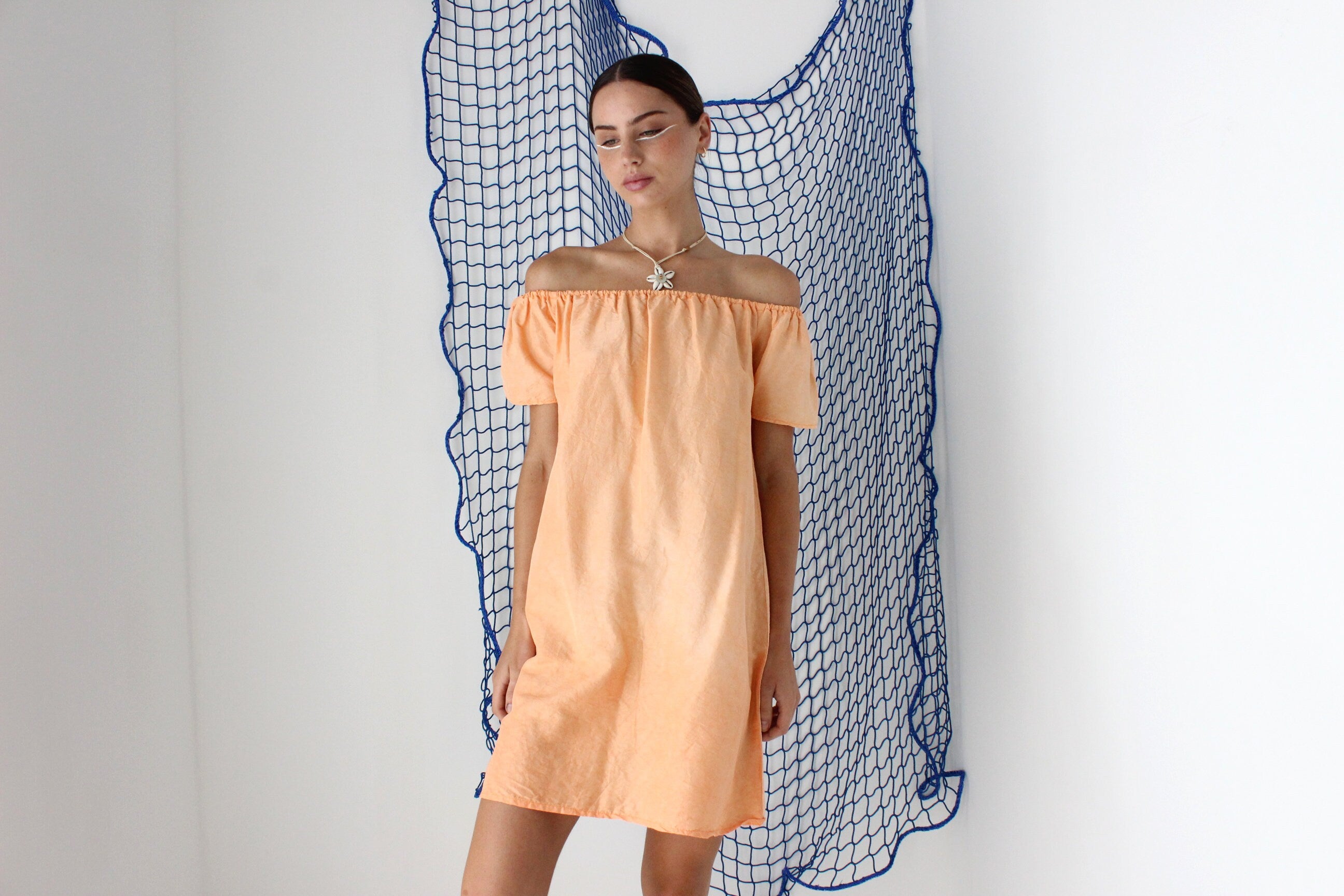 FOUND IN GREECE Sherbet Silk Taffeta Off Shoulder Mini