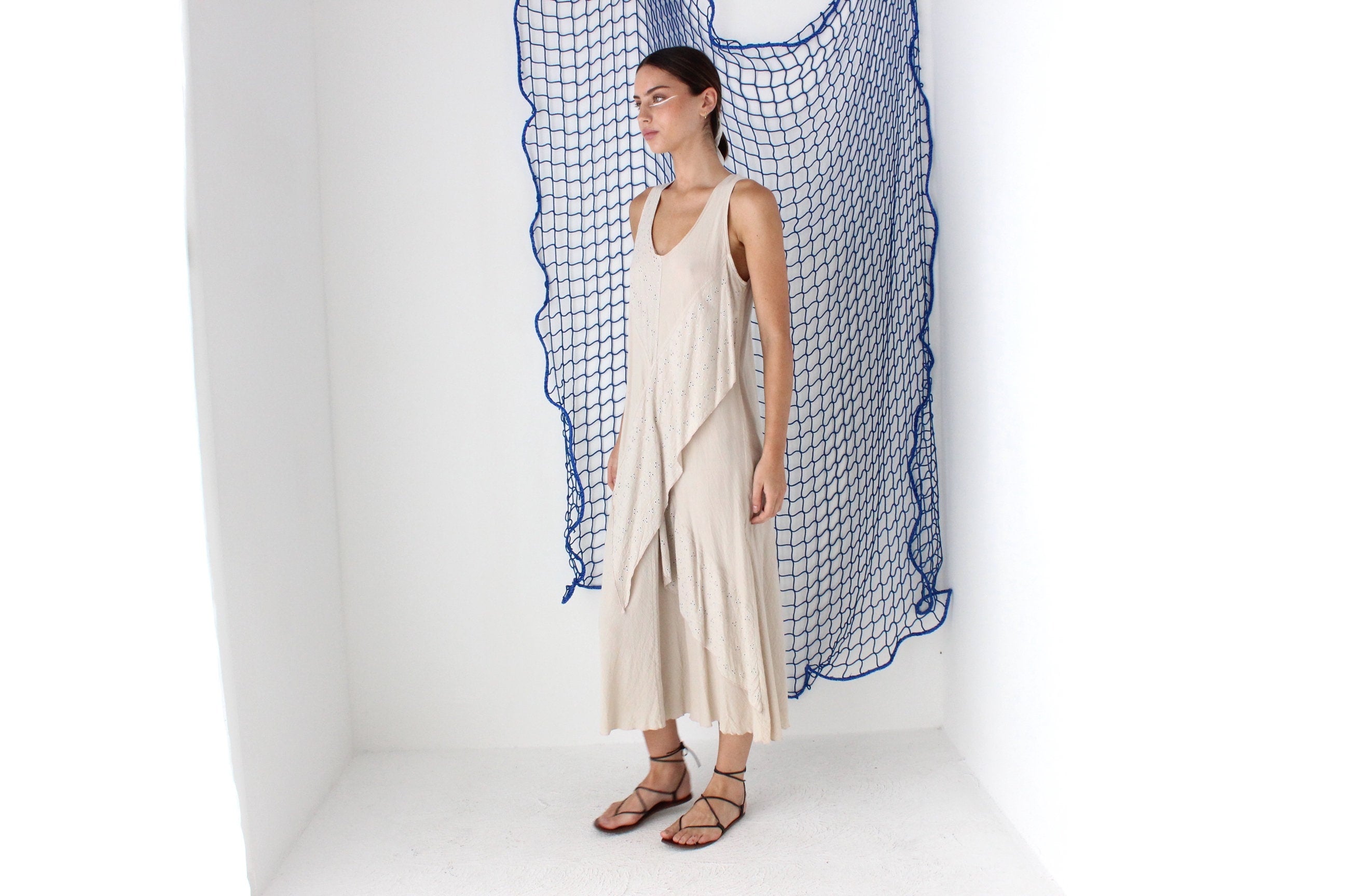 MADE IN GREECE 90s Cotton Eyelet Gauze Relaxed Dress