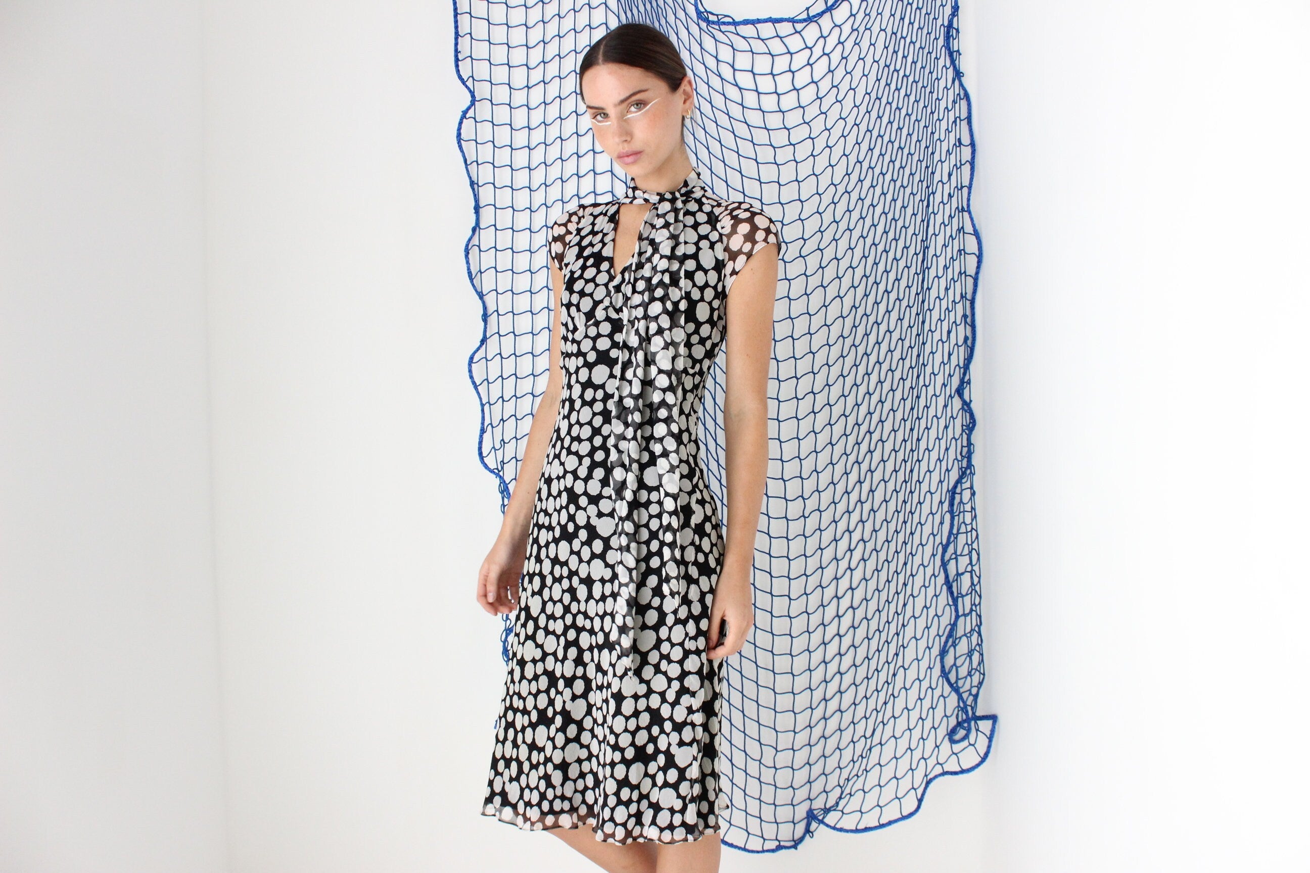 FOUND IN GREECE Y2K Pure Silk Flirty Polka Dot + Tie Neck Dress