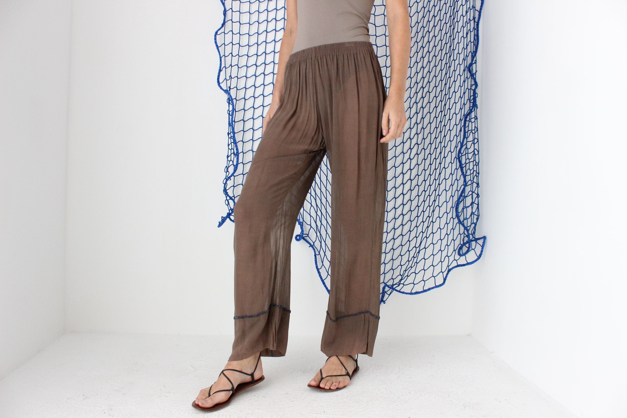 FOUND IN GREECE 90s Sheer Rayon Slouch Pants w/ Beaded Detail