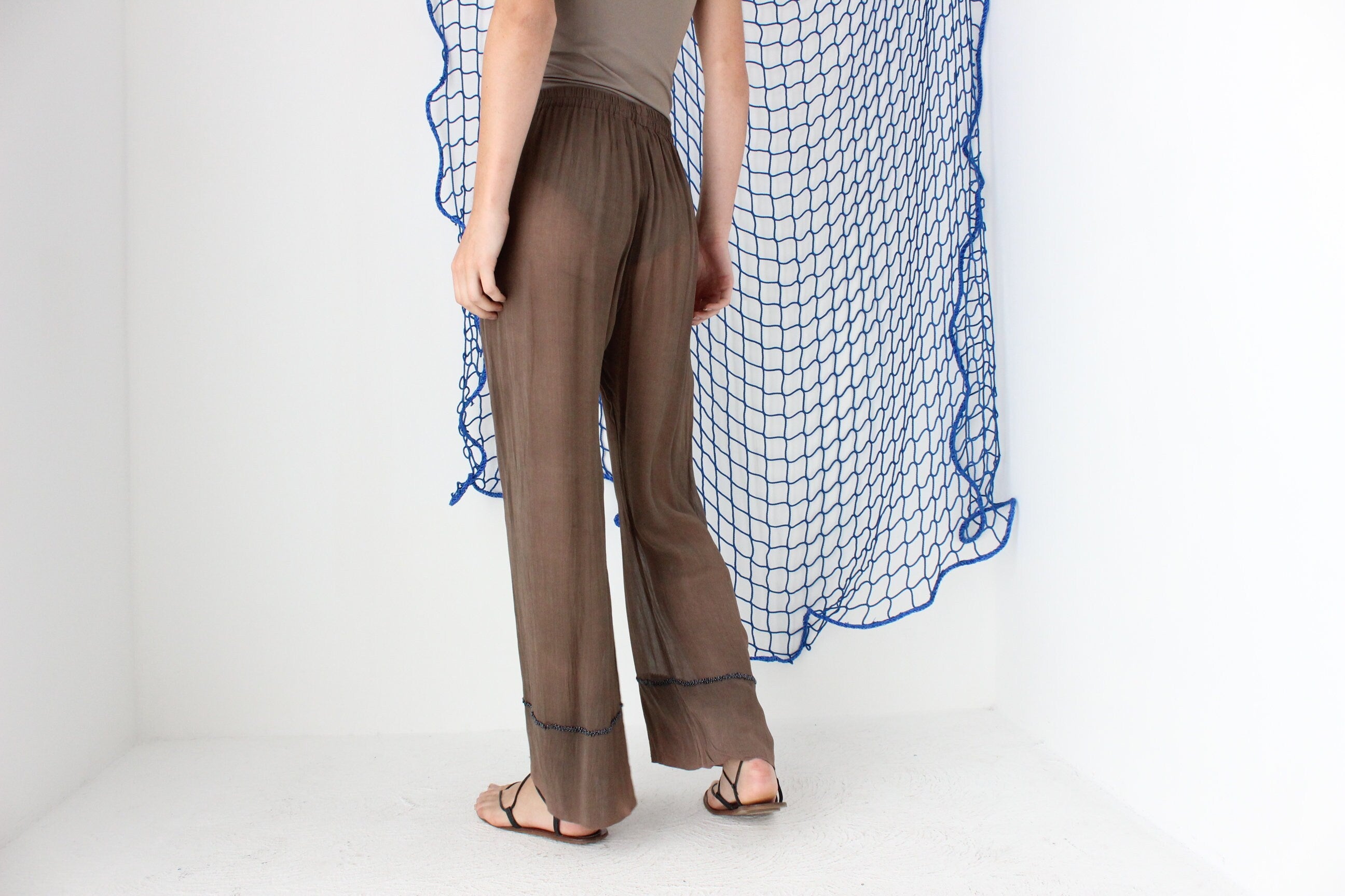 FOUND IN GREECE 90s Sheer Rayon Slouch Pants w/ Beaded Detail