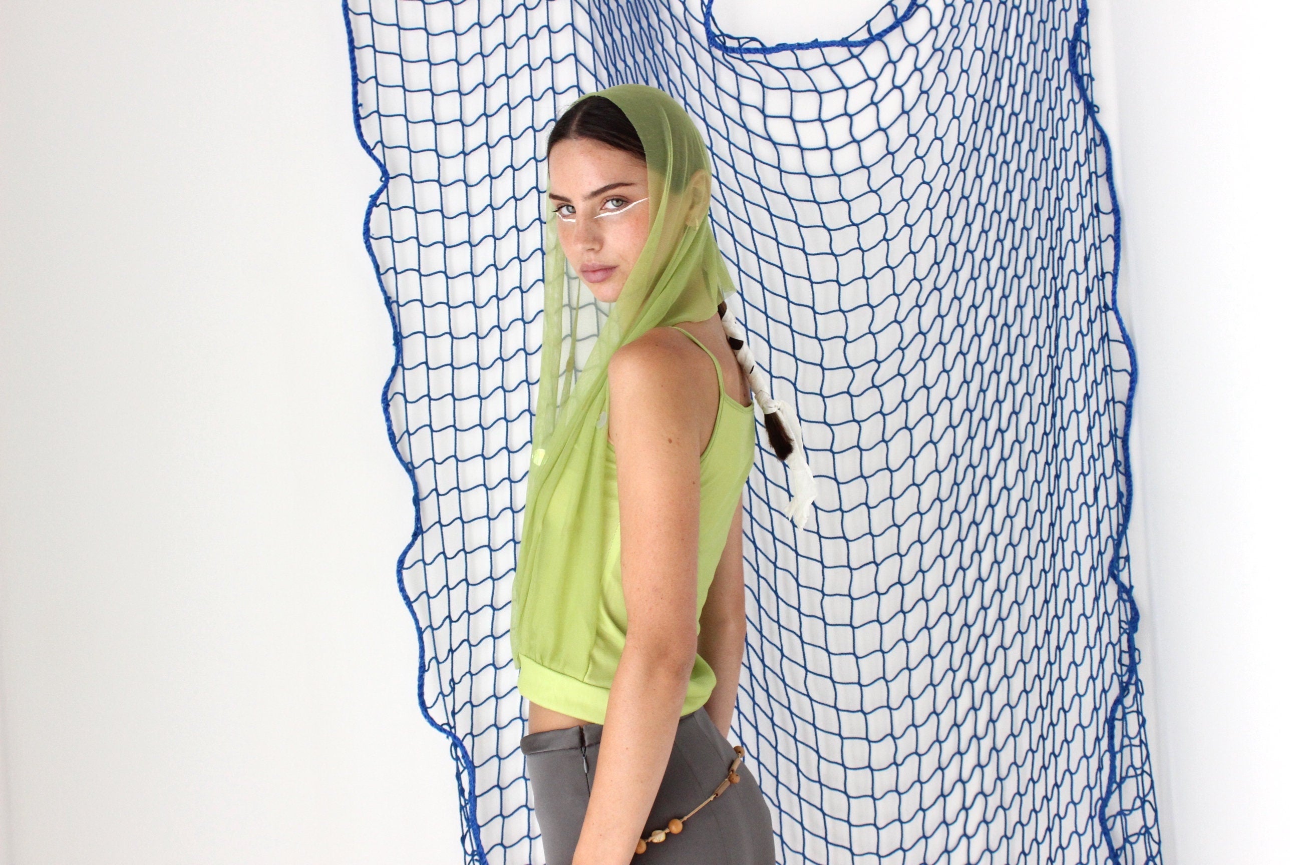 FOUND IN GREECE Y2K Lime Green Sheer Mesh & Sequin Hooded Top look