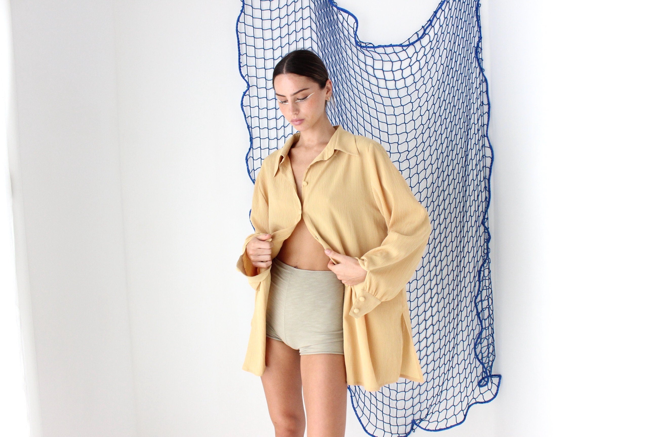 FOUND IN GREECE 90s French Gauze Longline Button Up Shirt Dress