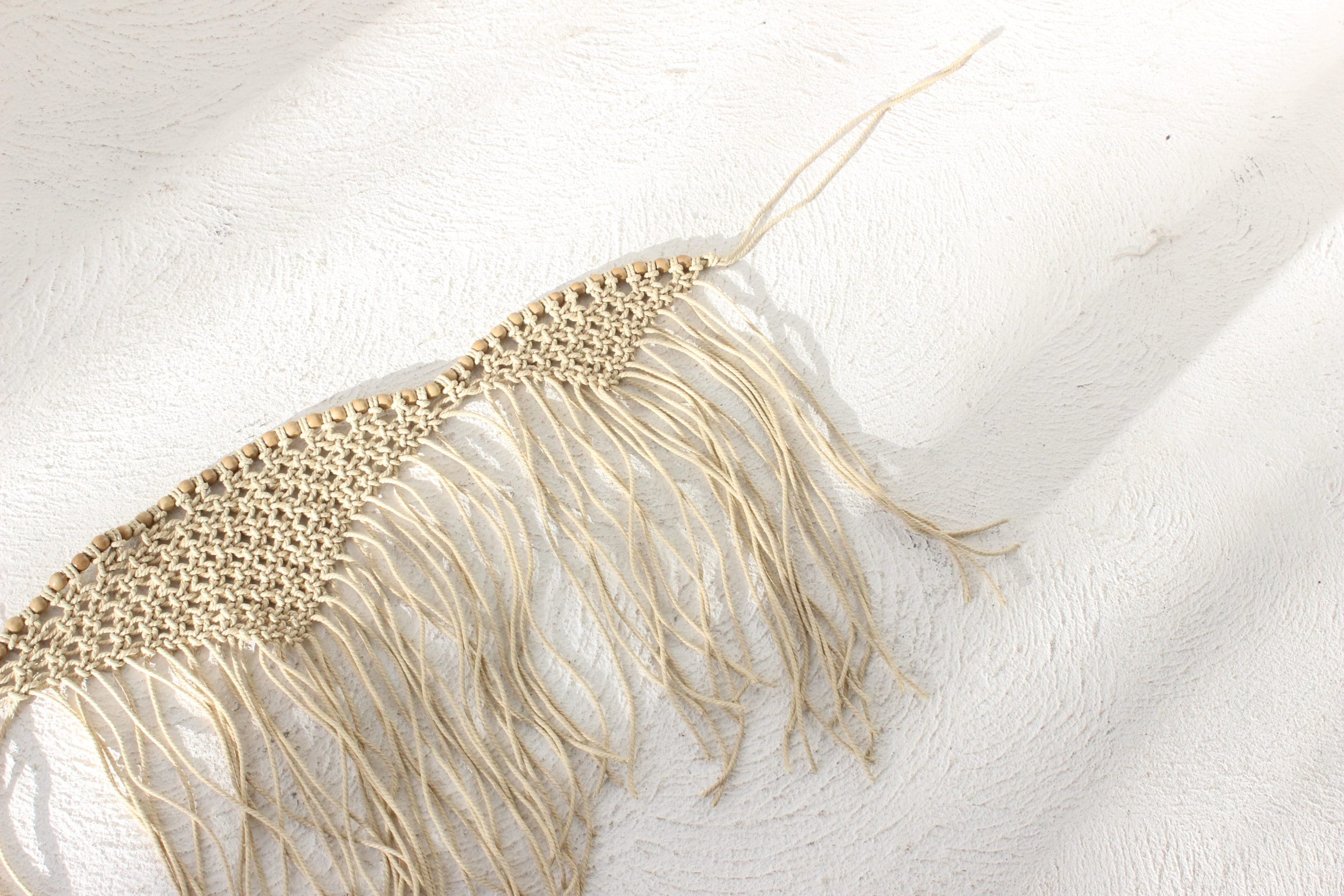 FOUND IN GREECE 70s Macrame & Wooden Beaded Fringe Rope Accessory