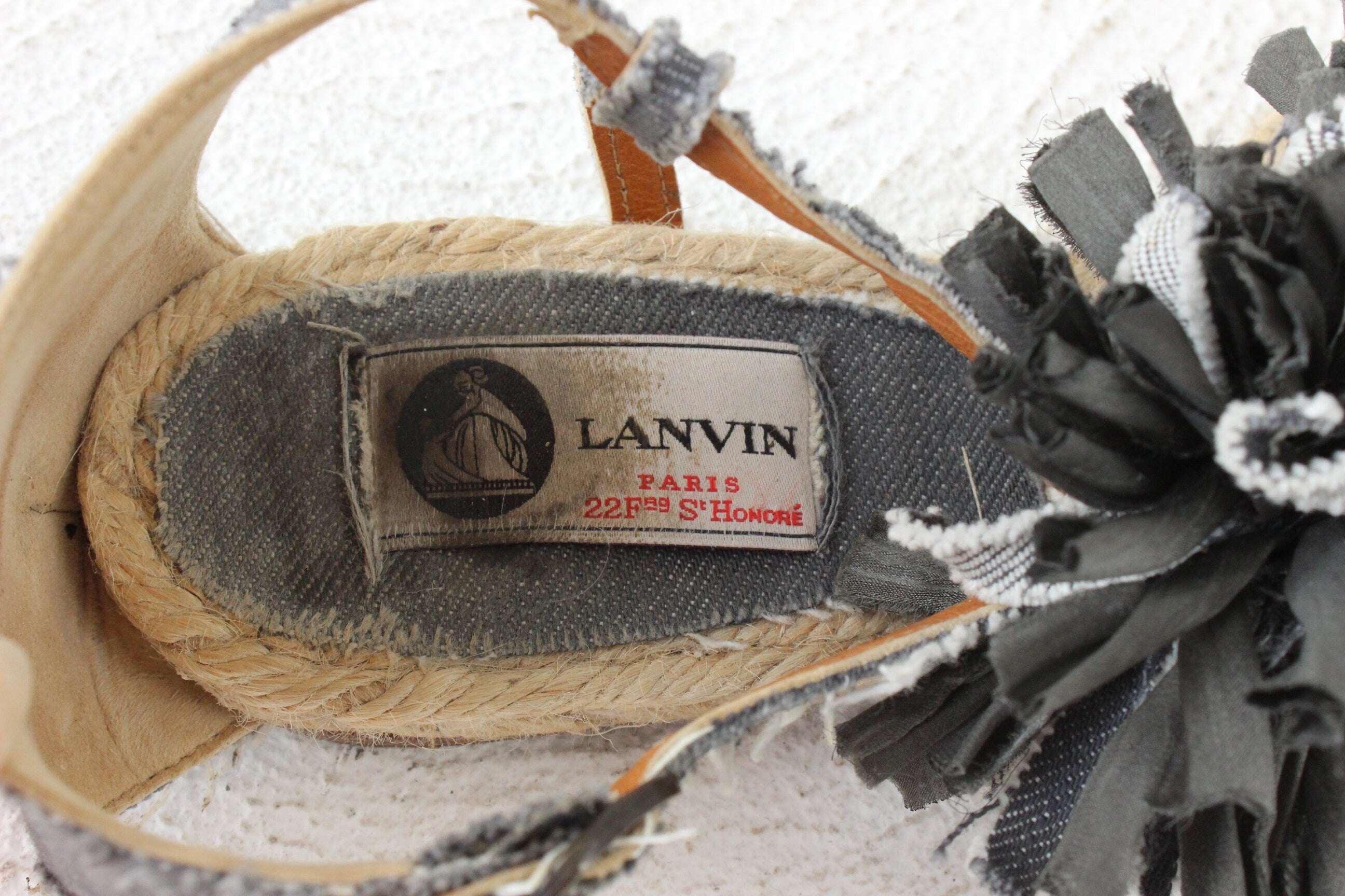 FOUND IN GREECE 90s Lanvin Paris Distressed Denim Art Rope Pom Pom Flat Sandals ~ Euro 40