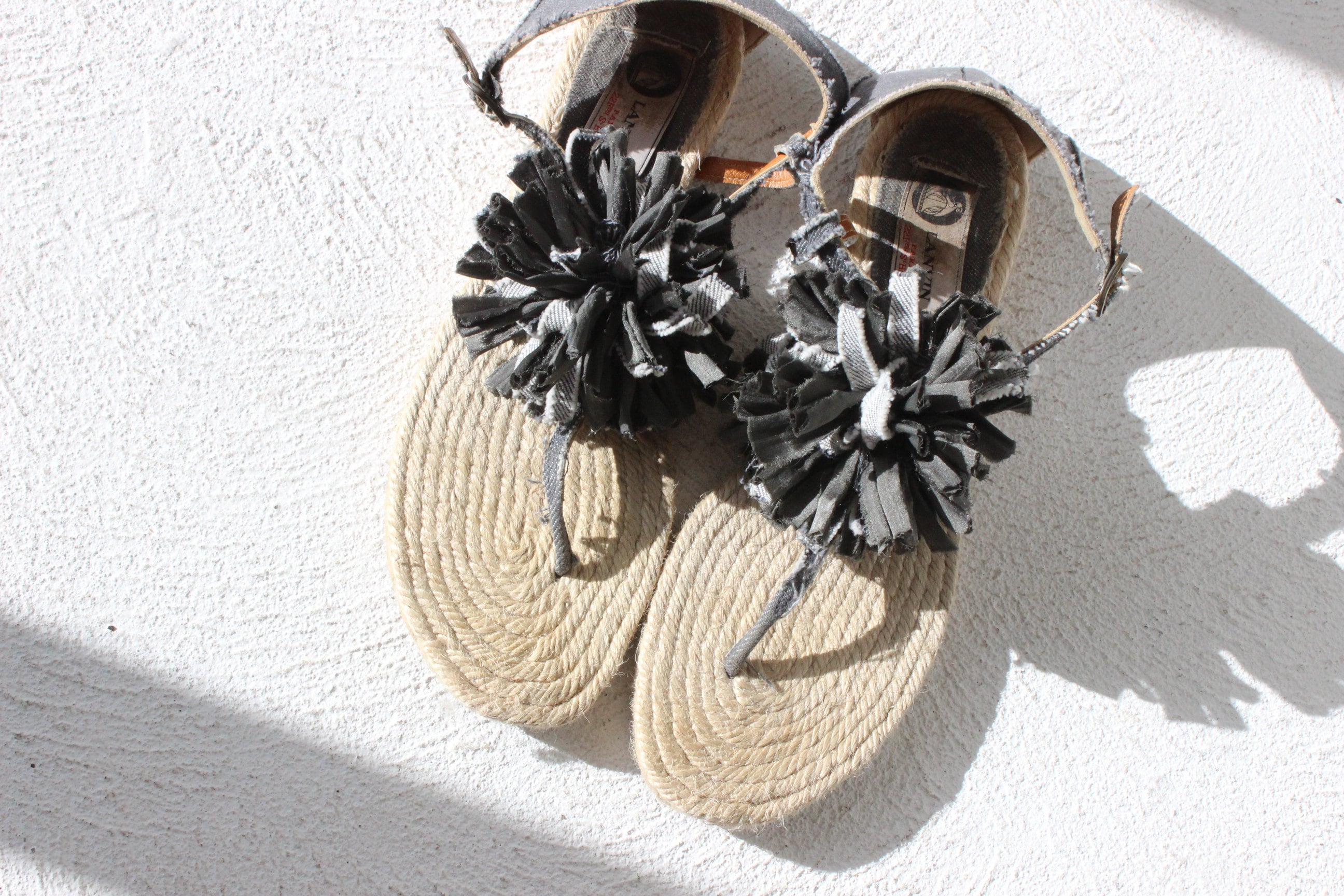 FOUND IN GREECE 90s Lanvin Paris Distressed Denim Art Rope Pom Pom Flat Sandals ~ Euro 40