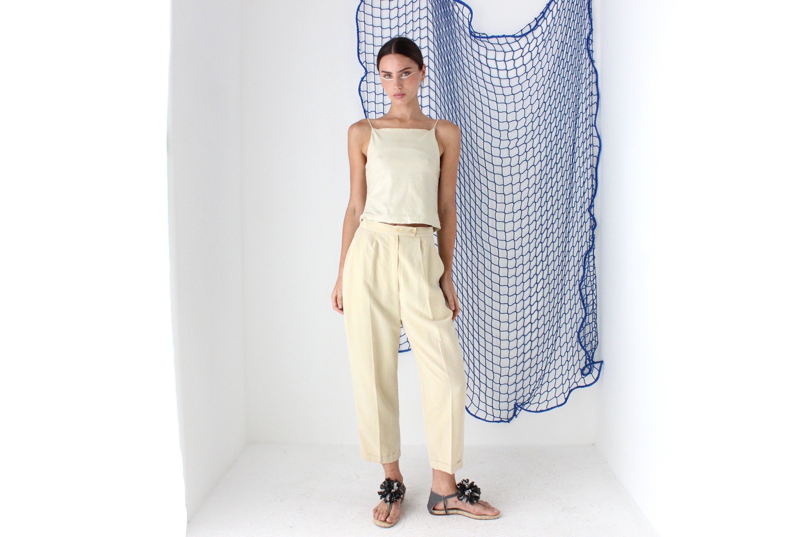 FOUND IN GREECE 90s Cream Crepe Cropped Trousers