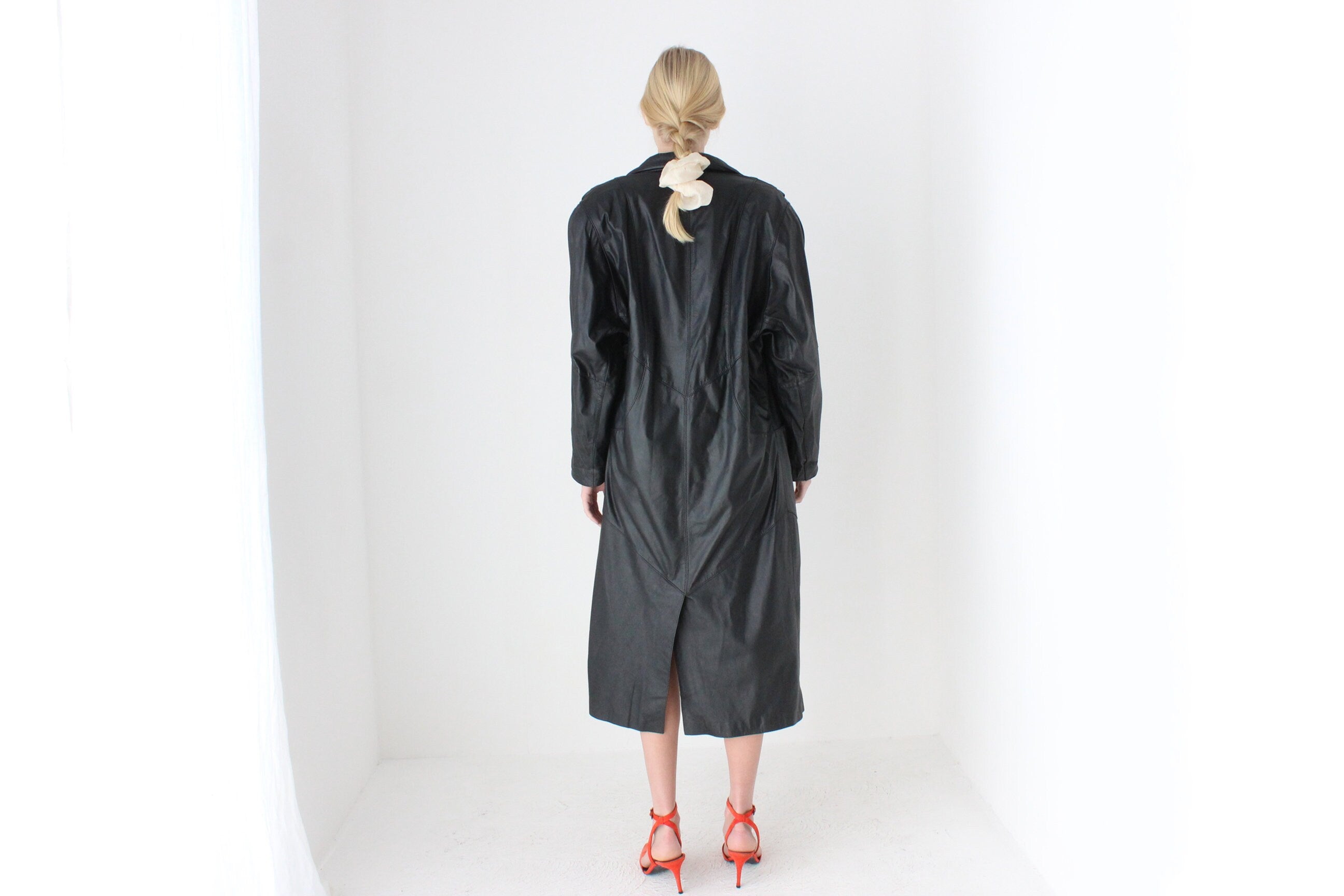 80s {Genuine Leather} Relaxed & Roomy Black Trench Coat