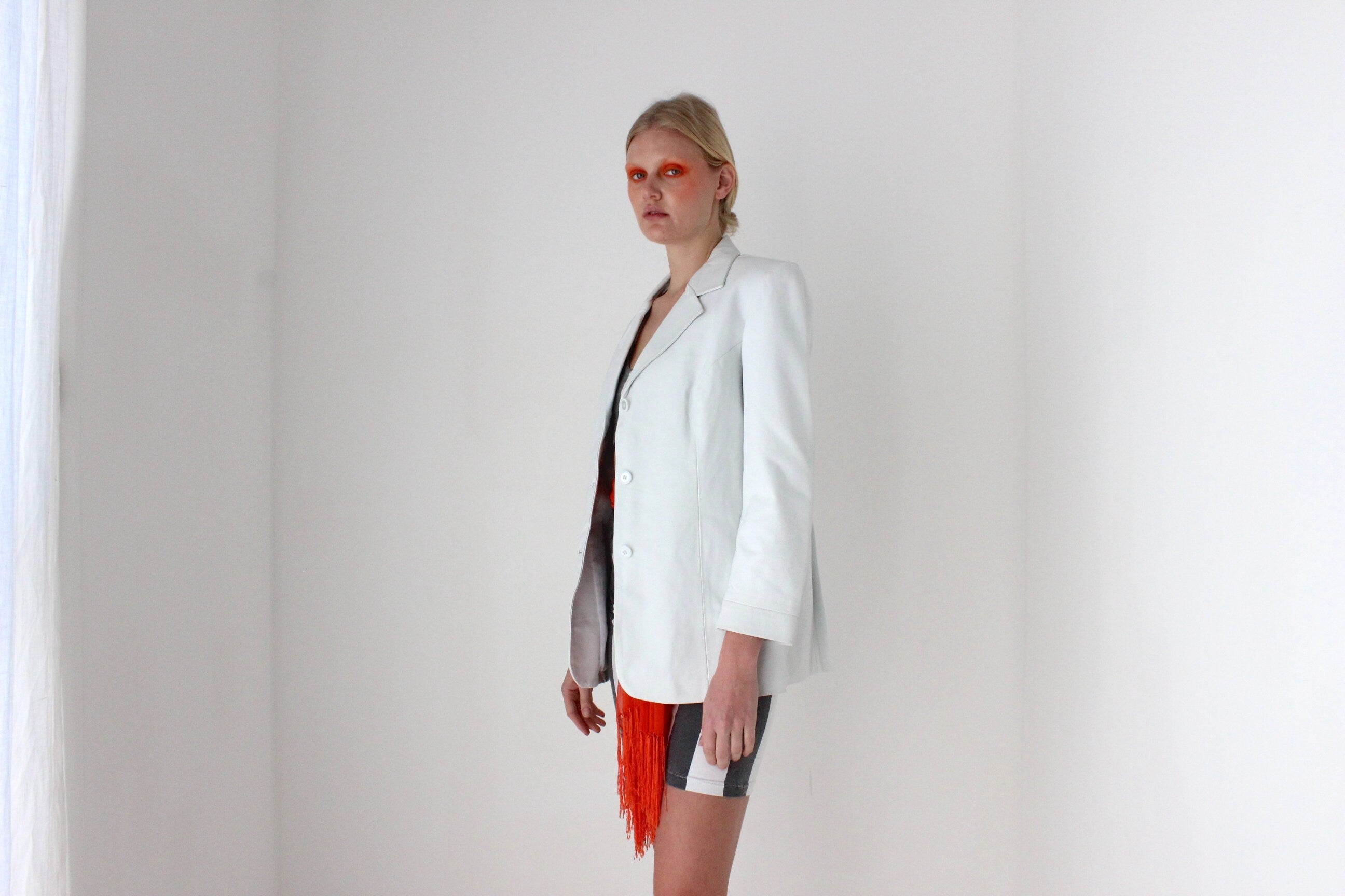 Minimal 90s White Leather Boxy Button Up Blazer Jacket