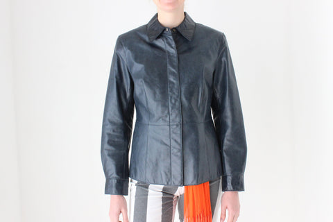 90s Navy Blue Leather Sleek Cropped Shirt Jacket