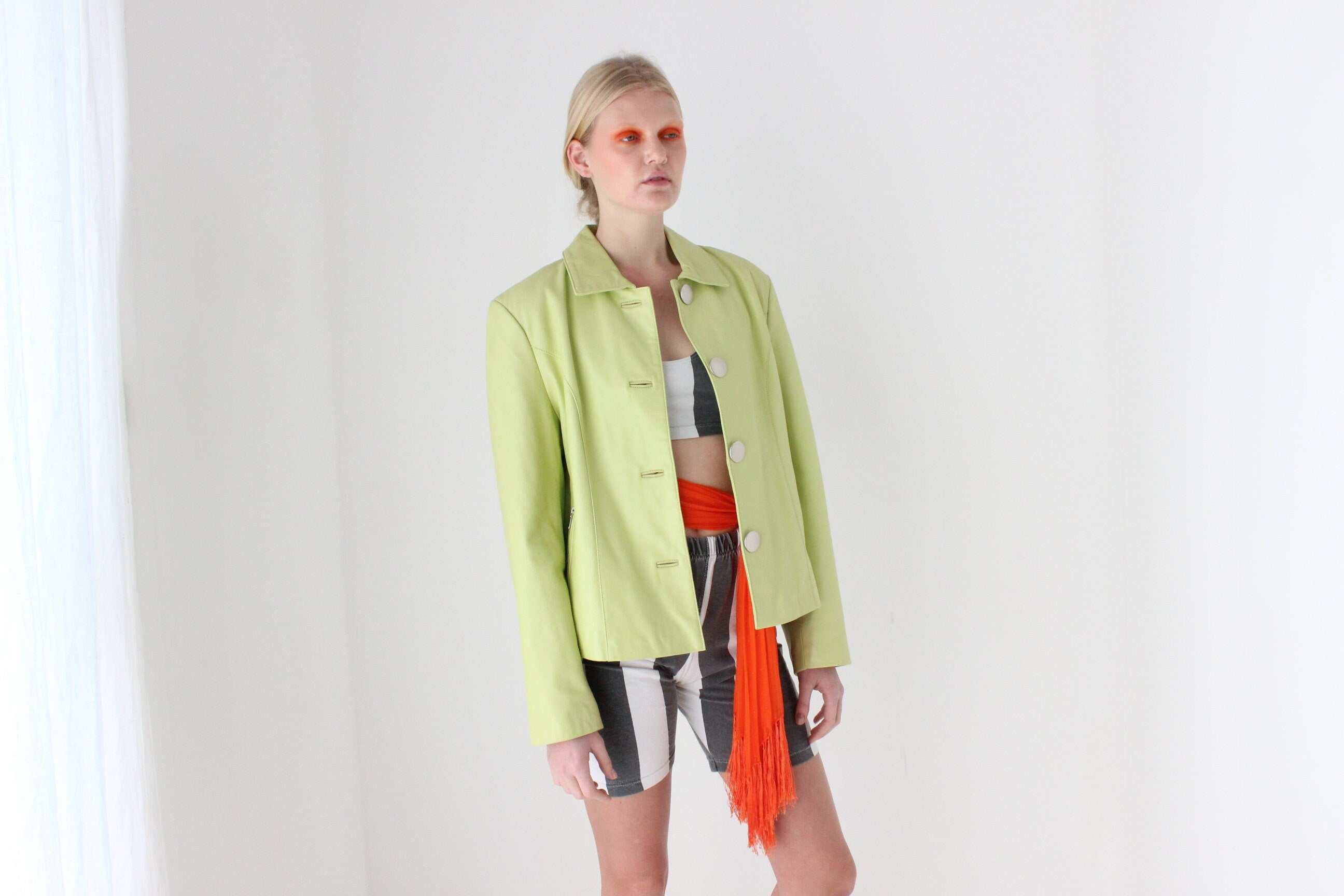 Y2K Lemon Lime Leather Boxy Cropped Jacket by La Vee