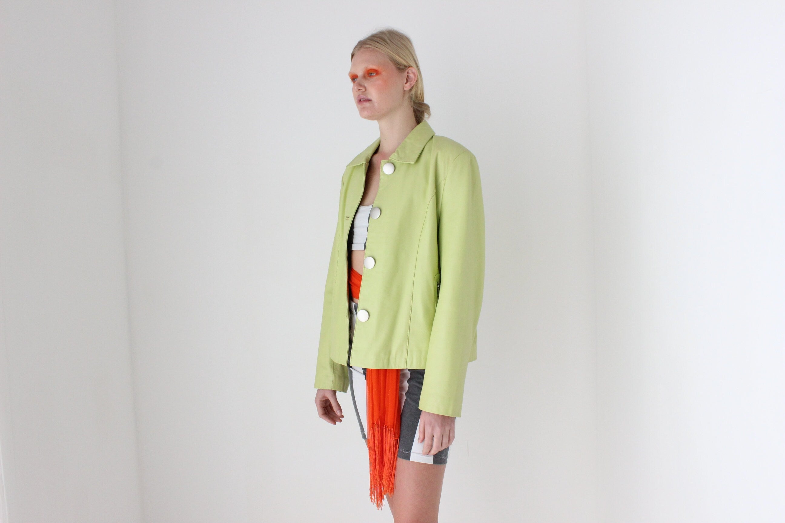 Y2K Lemon Lime Leather Boxy Cropped Jacket by La Vee