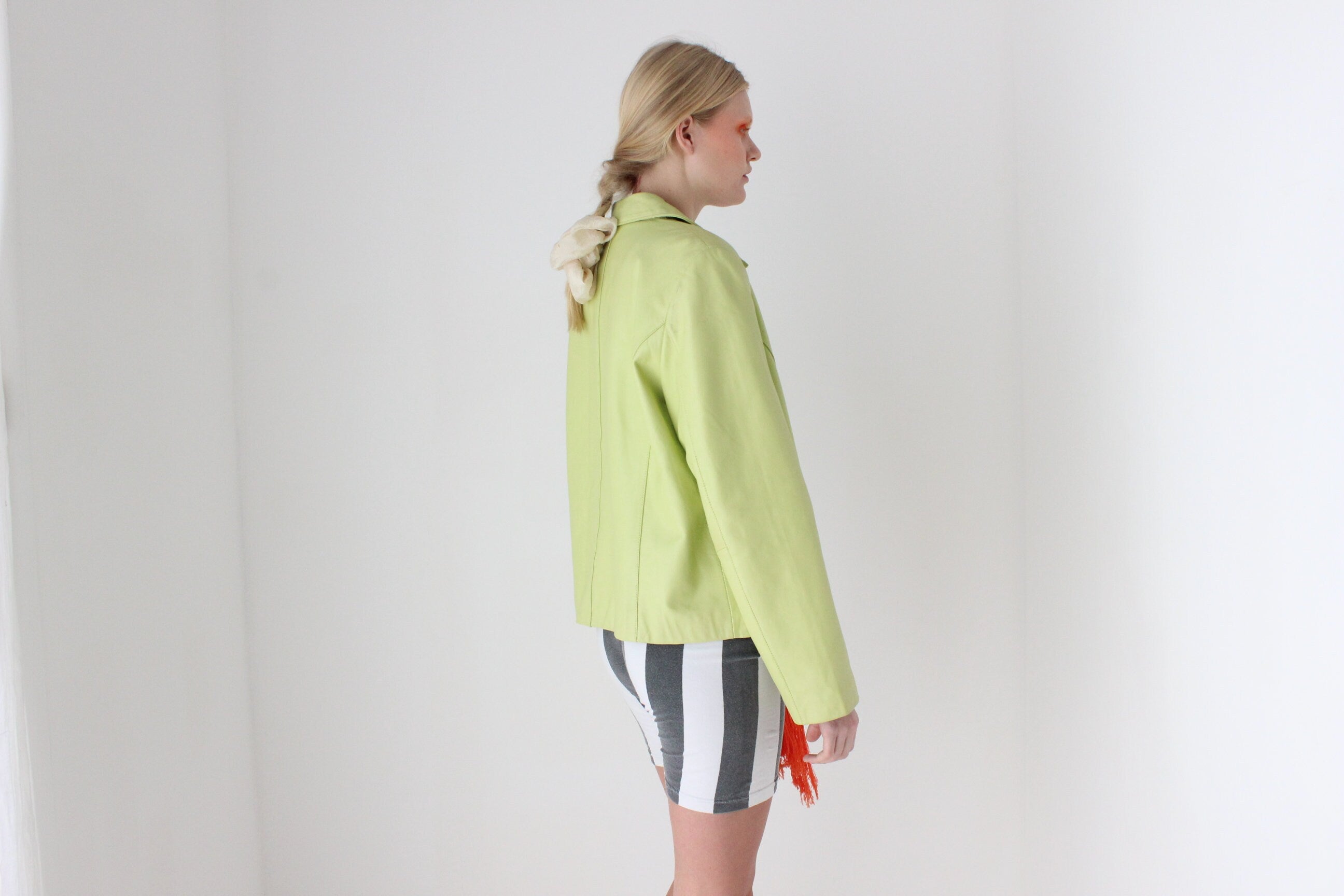 Y2K Lemon Lime Leather Boxy Cropped Jacket by La Vee