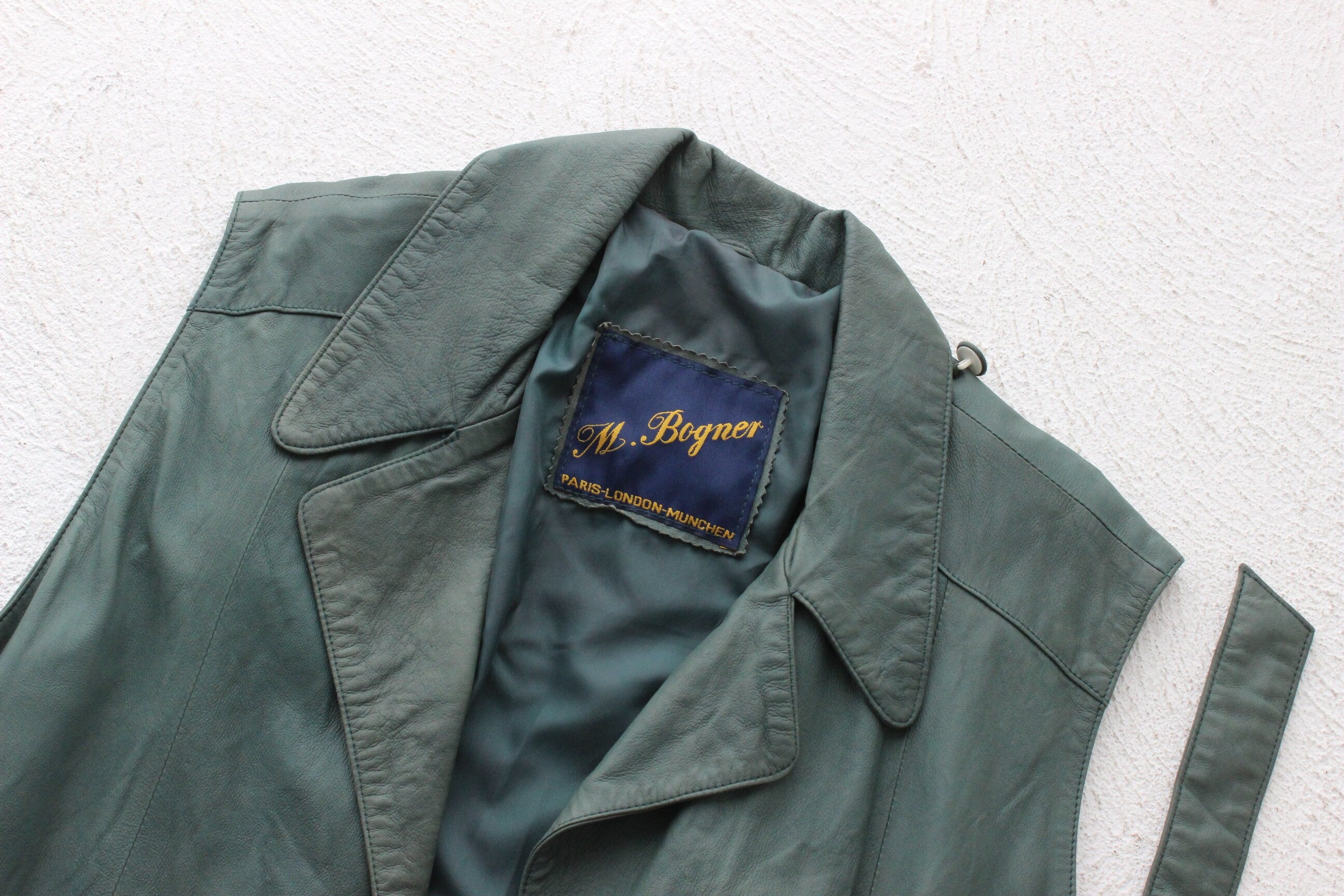80s Deep Green Leather Long Waistcoat Vest w/ Waist Tie