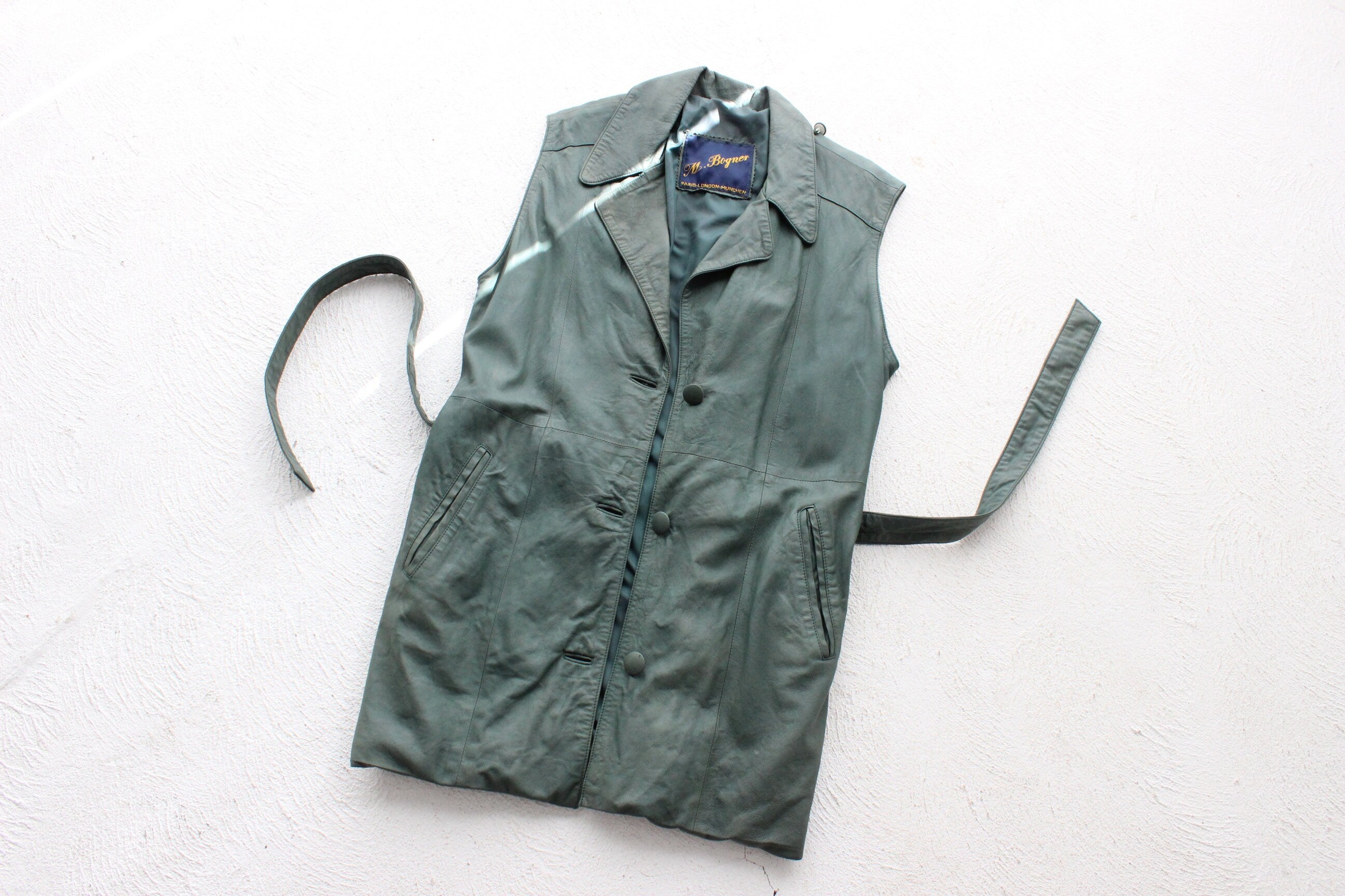 80s Deep Green Leather Long Waistcoat Vest w/ Waist Tie