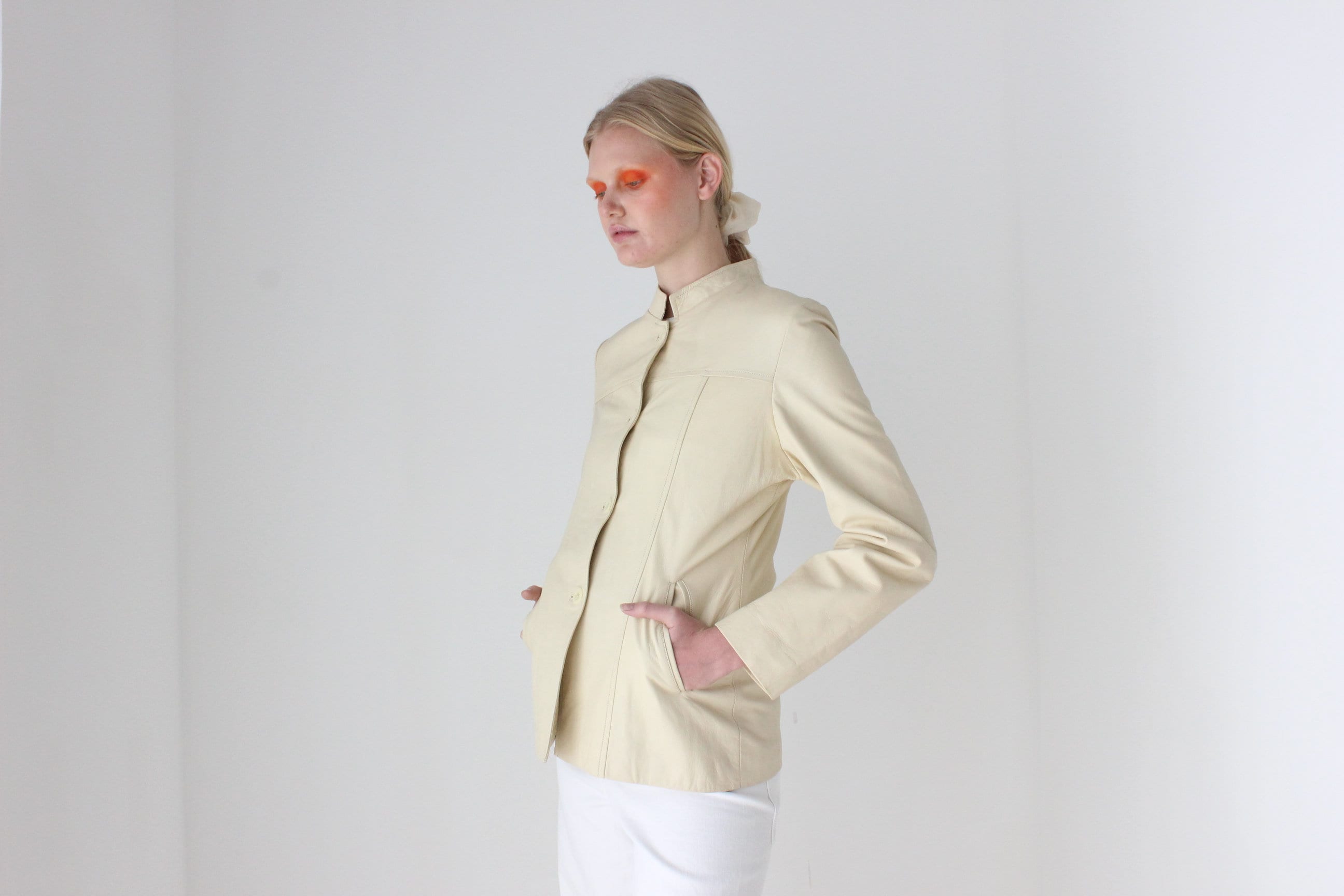 90s Cream Leather Mandarin Collar Jacket