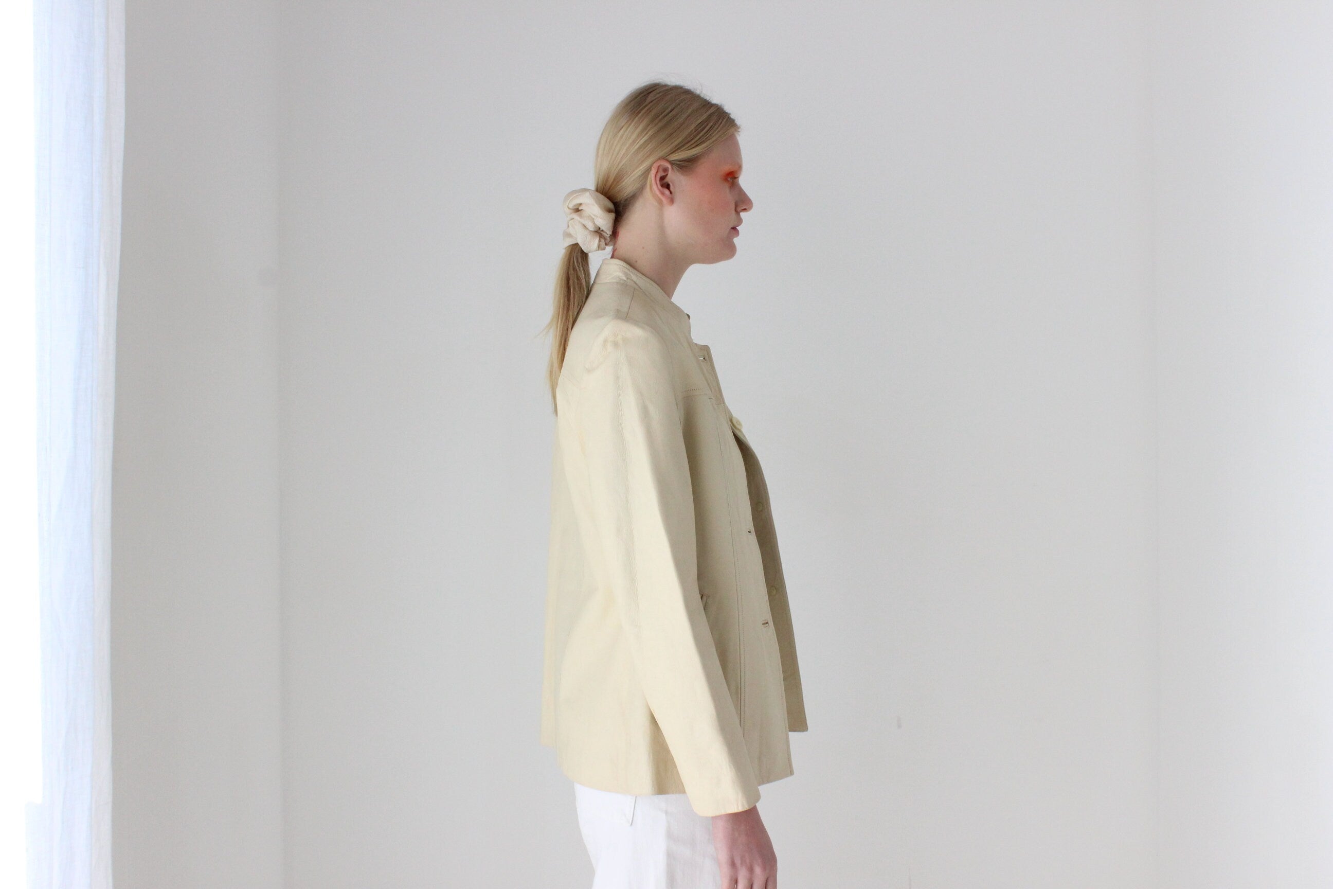 90s Cream Leather Mandarin Collar Jacket