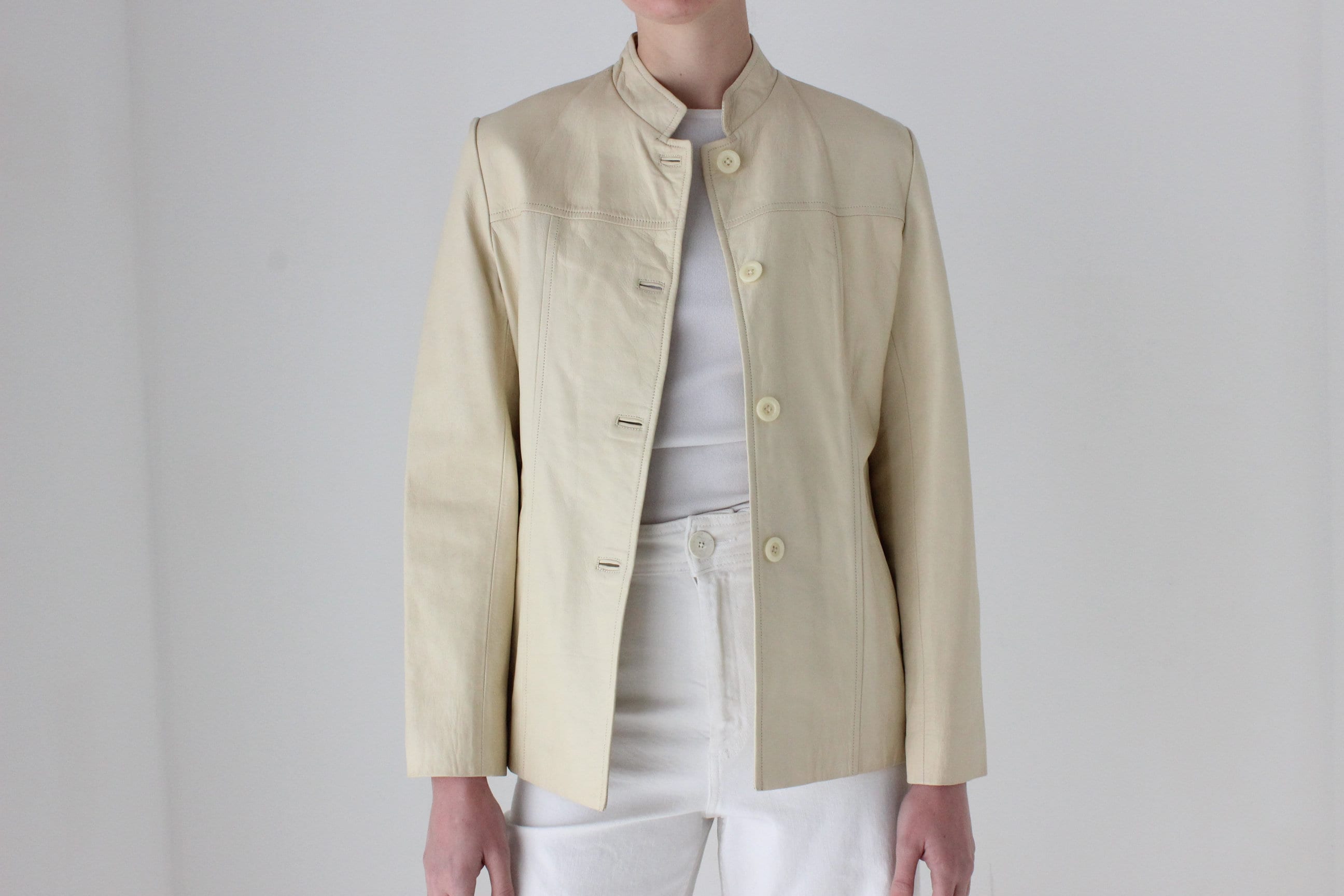 90s Cream Leather Mandarin Collar Jacket