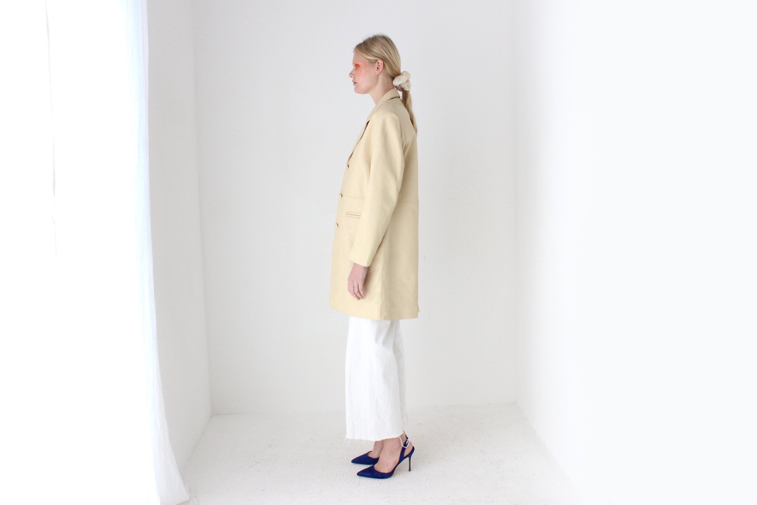 Sleek, Minimal 90s {Real Leather} Custom Made Ecru Cream Long Coat