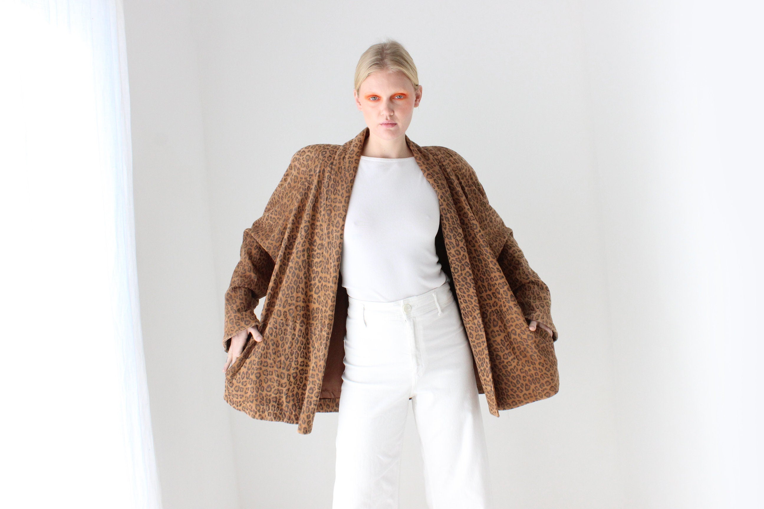 80s Designer Leopard Print Suede Luxury Swing Coat