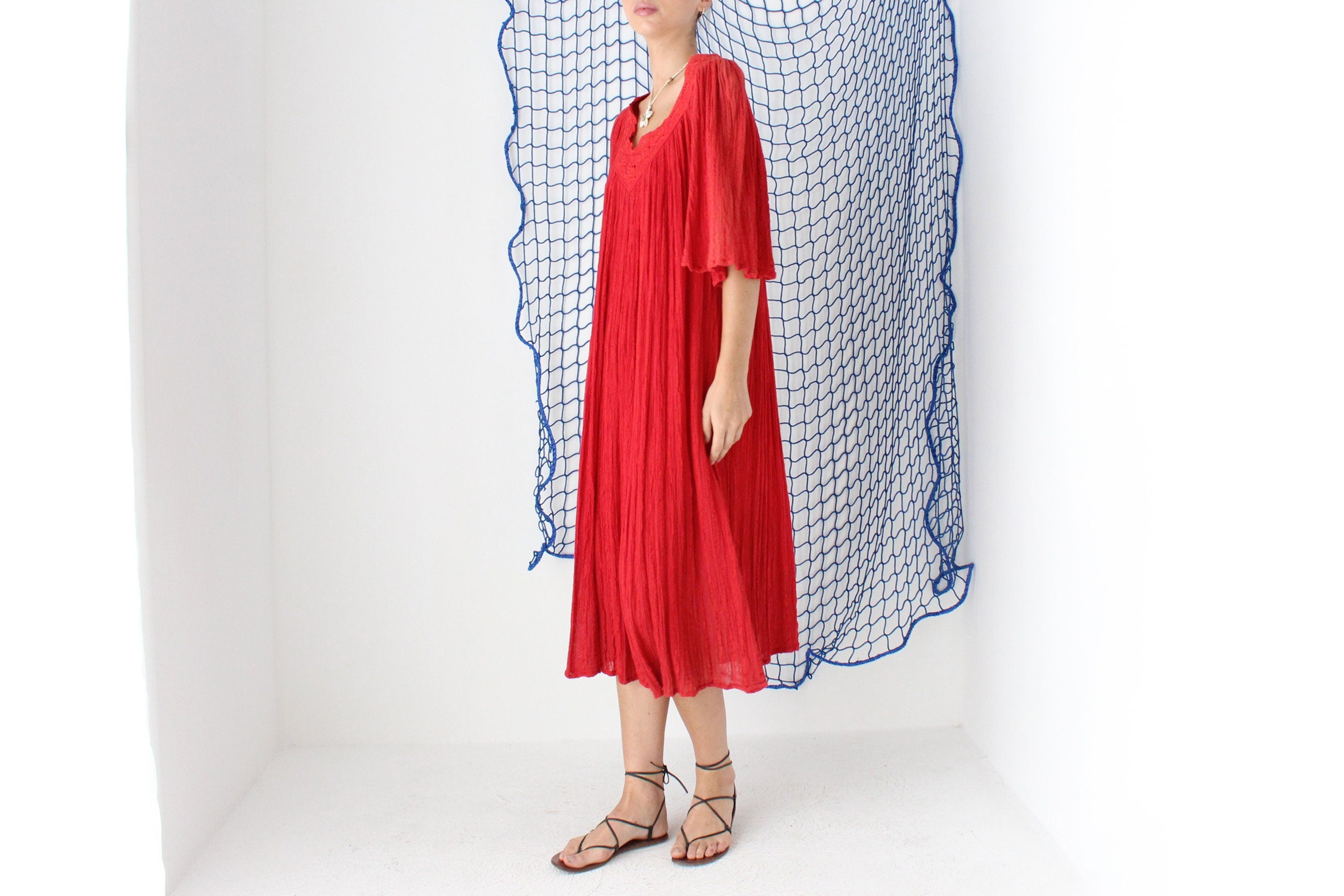 MADE IN GREECE 90s Cotton Gauze Smock Dress