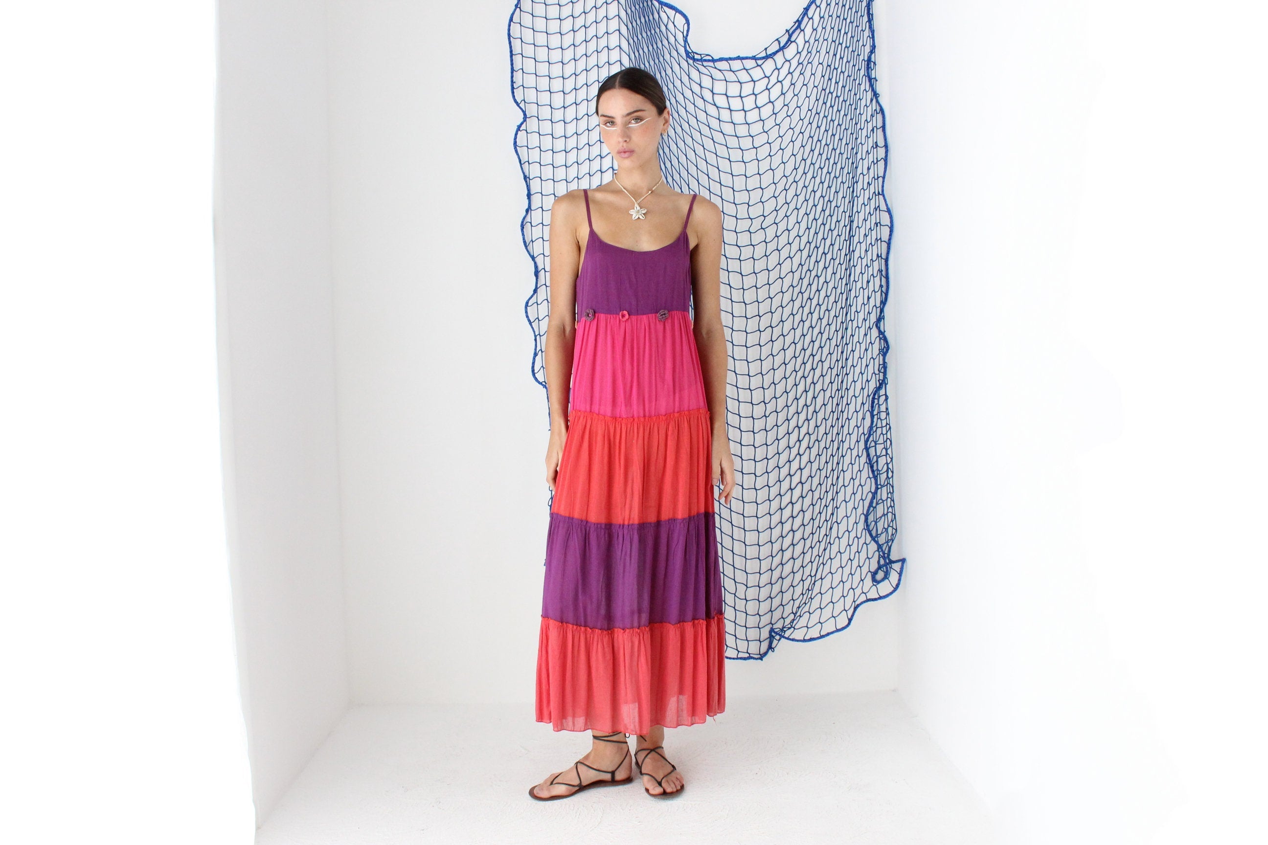 FOUND IN GREECE 90s Tiered Cotton Gauze Dress