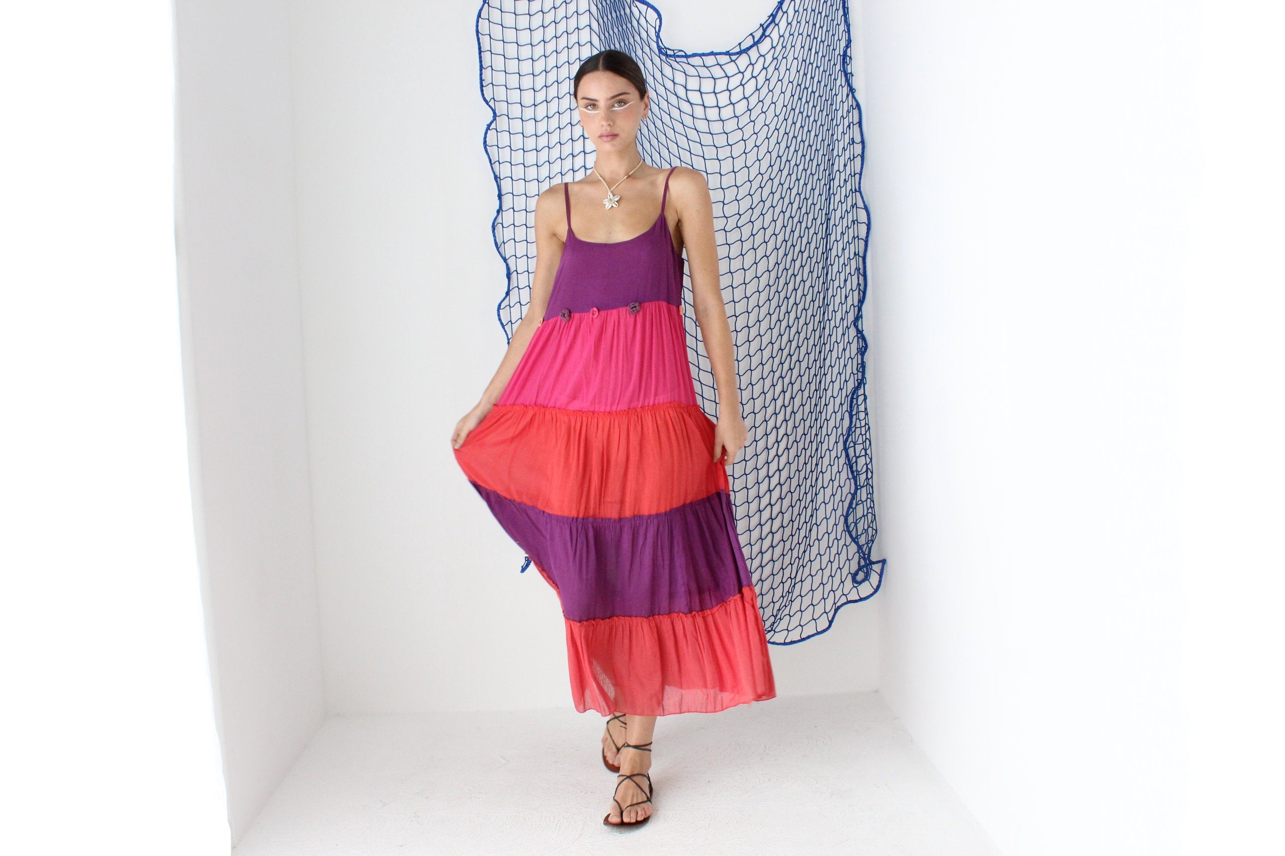 FOUND IN GREECE 90s Tiered Cotton Gauze Dress