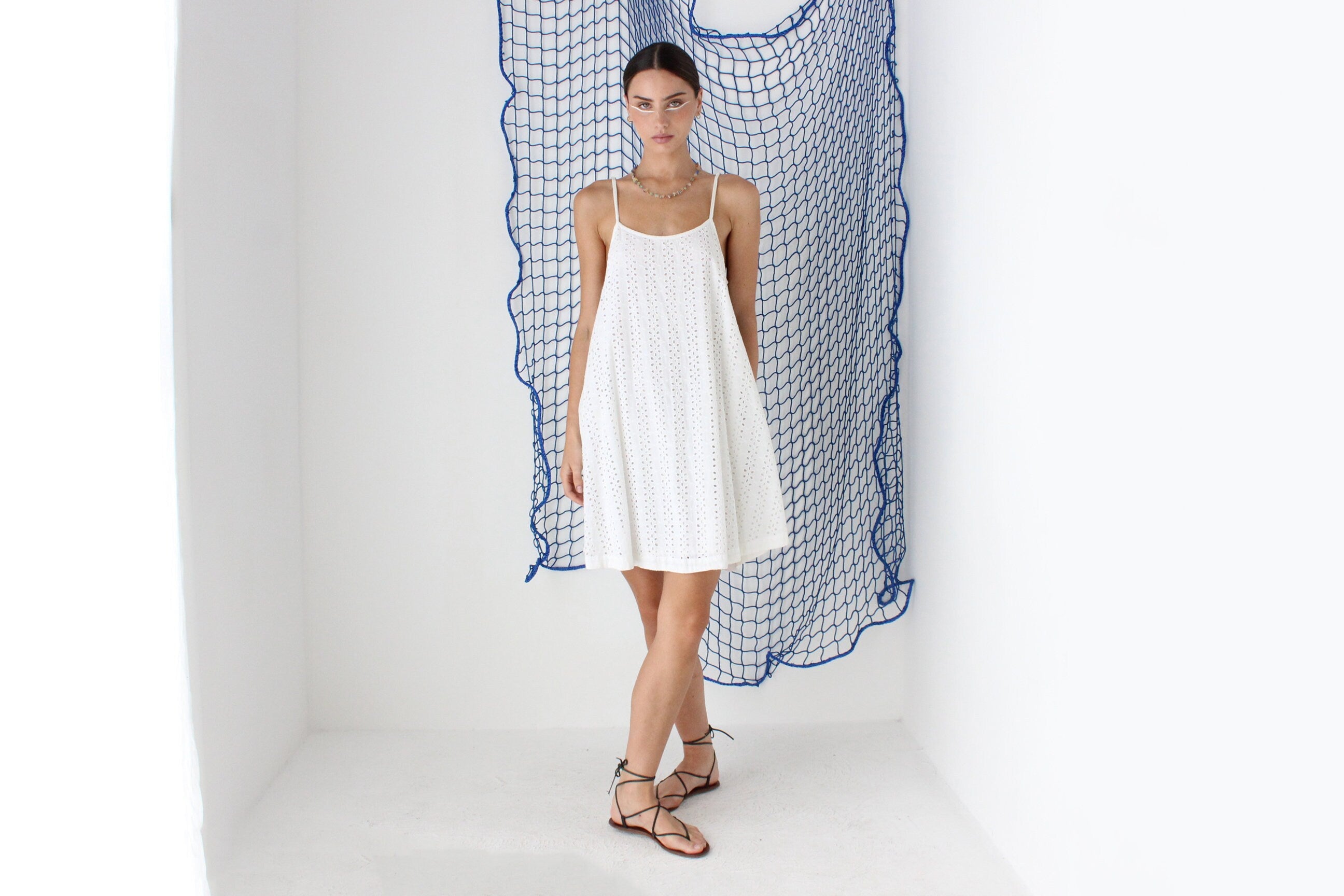 FOUND IN GREECE 90s Eyelet Cotton Trapeze Mini