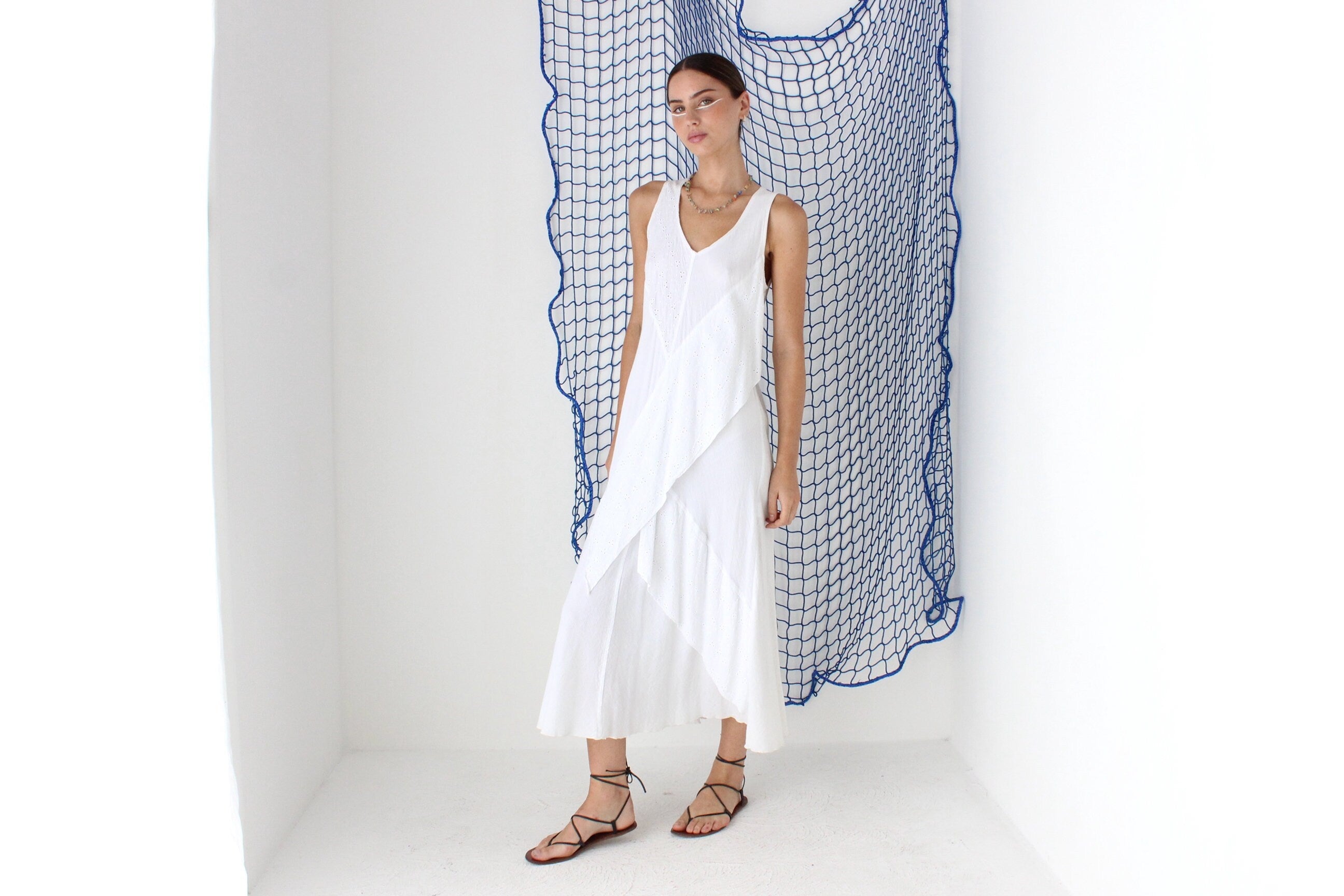 FOUND IN GREECE 90s Cotton Gauze Eyelet Dress