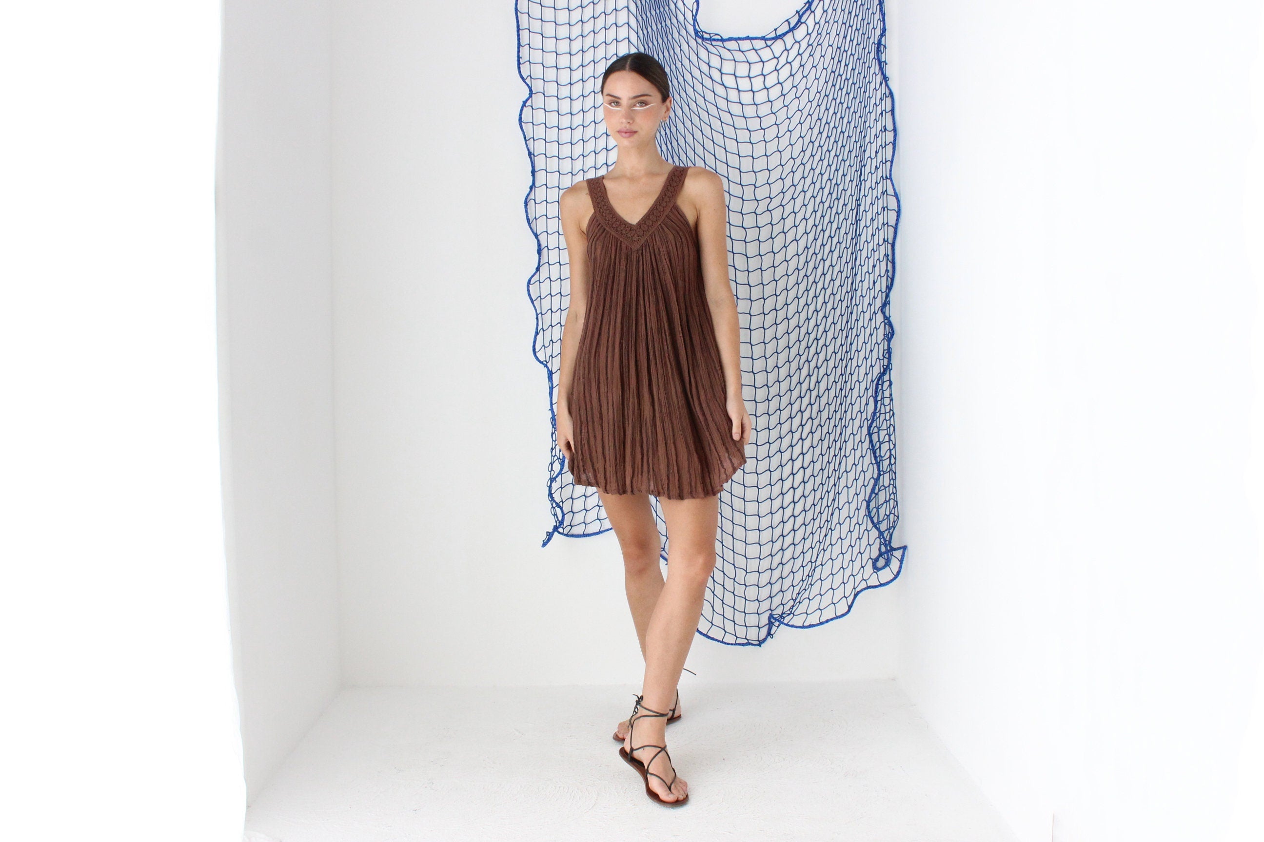 MADE IN GREECE 90s Cotton Gauze Trapeze Mini Dress