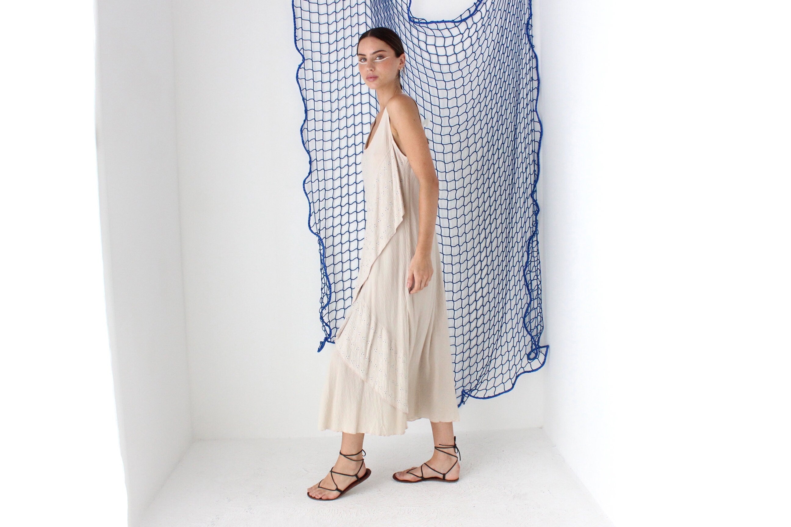 MADE IN GREECE 90s Cotton Eyelet Gauze Relaxed Dress
