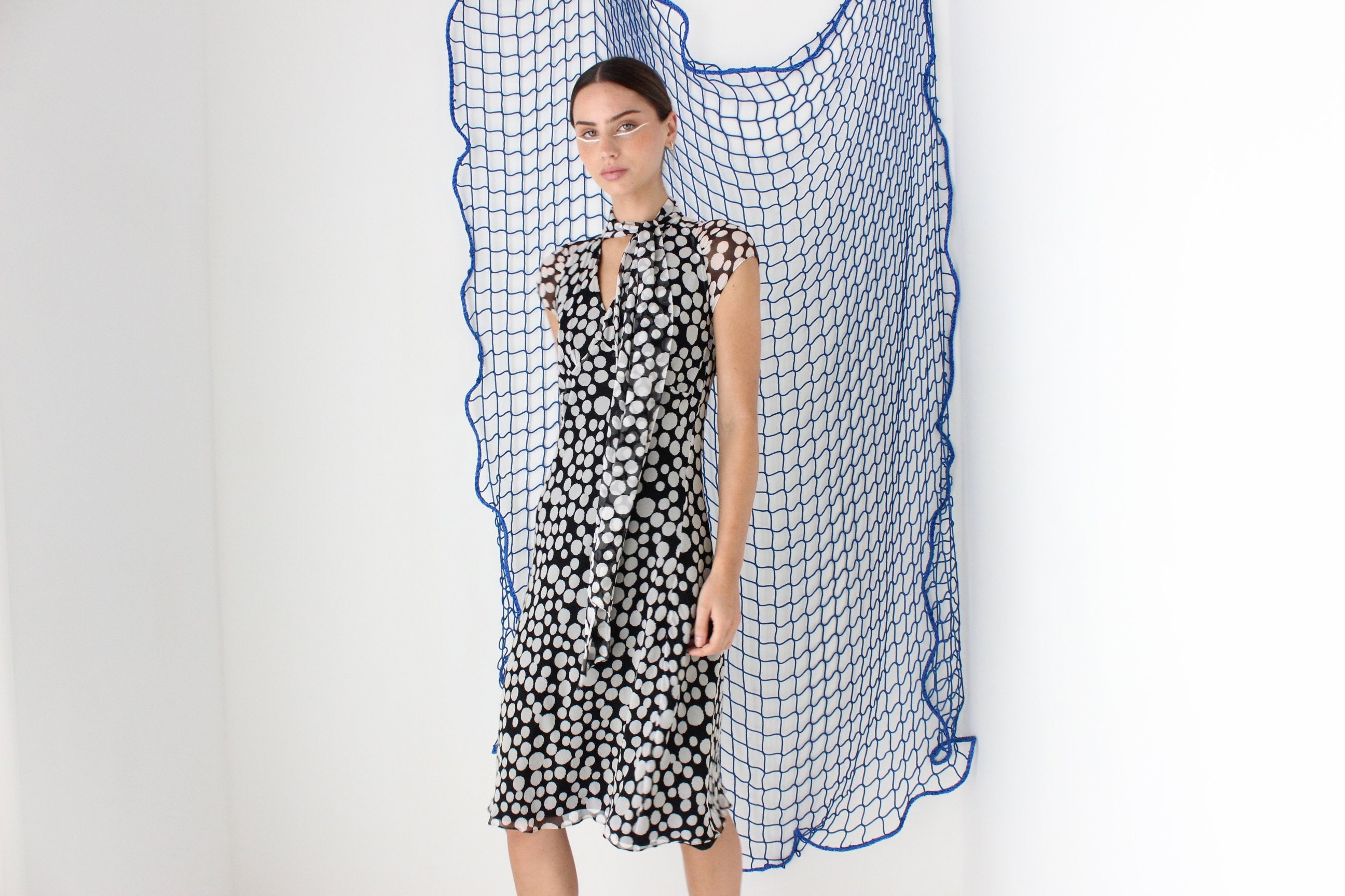 FOUND IN GREECE Y2K Pure Silk Flirty Polka Dot + Tie Neck Dress