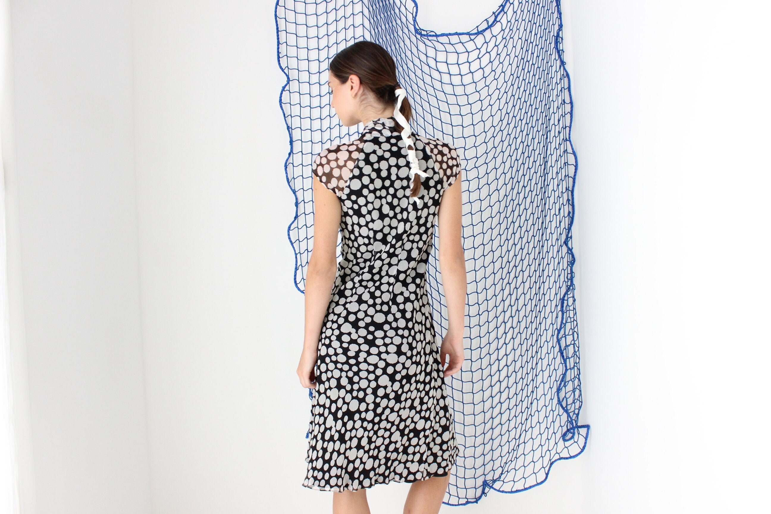 FOUND IN GREECE Y2K Pure Silk Flirty Polka Dot + Tie Neck Dress