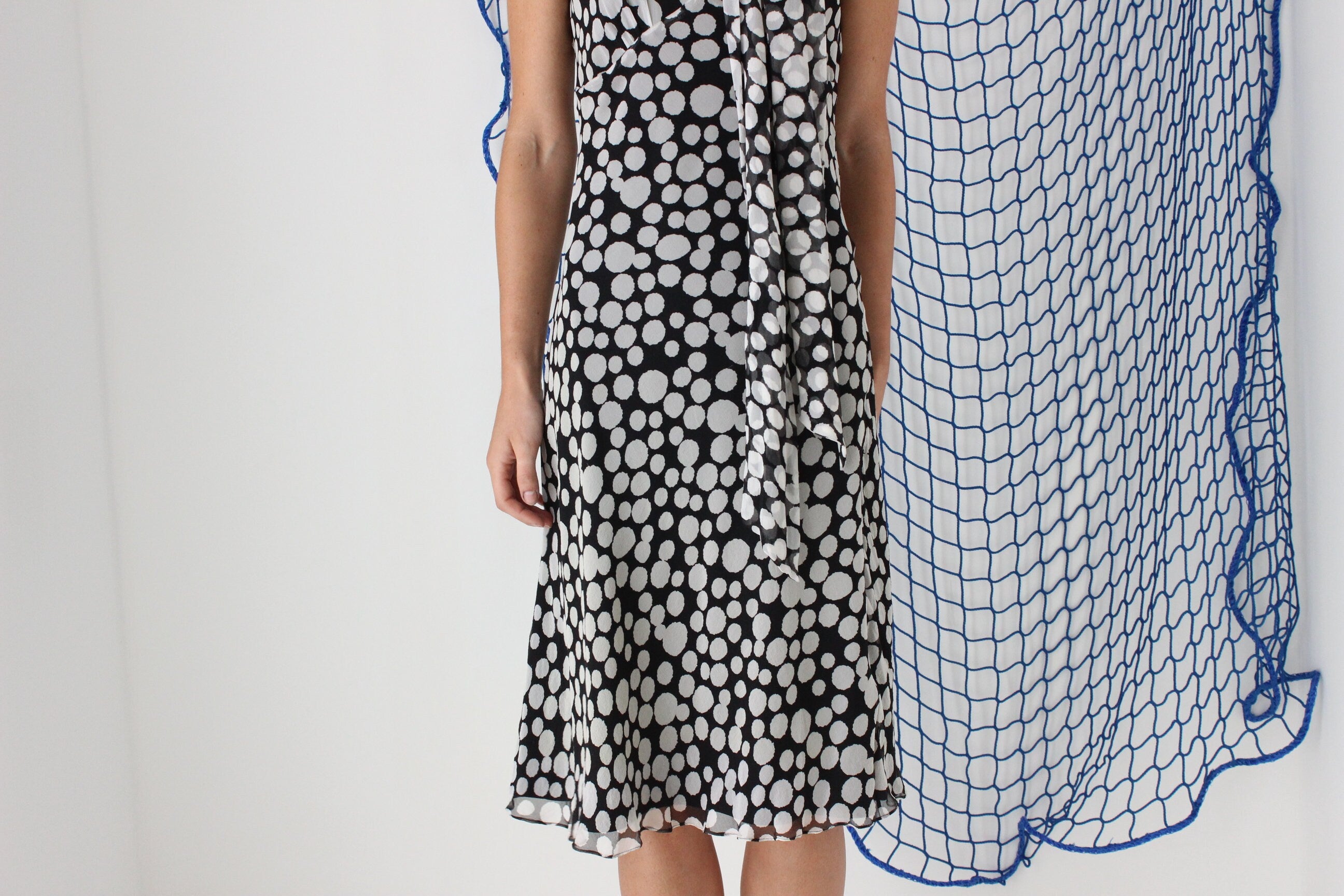 FOUND IN GREECE Y2K Pure Silk Flirty Polka Dot + Tie Neck Dress