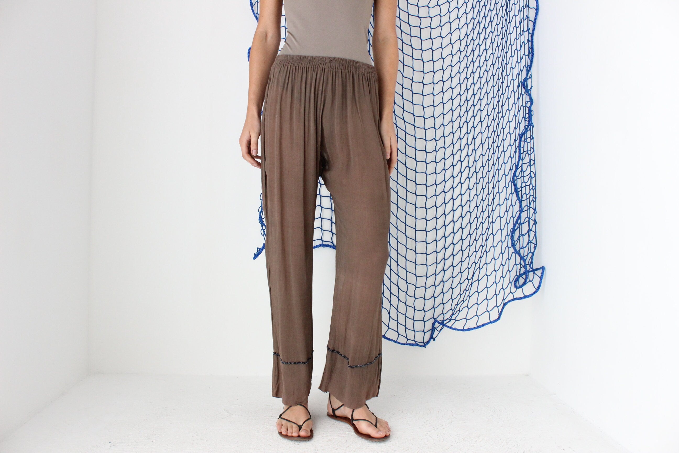 FOUND IN GREECE 90s Sheer Rayon Slouch Pants w/ Beaded Detail