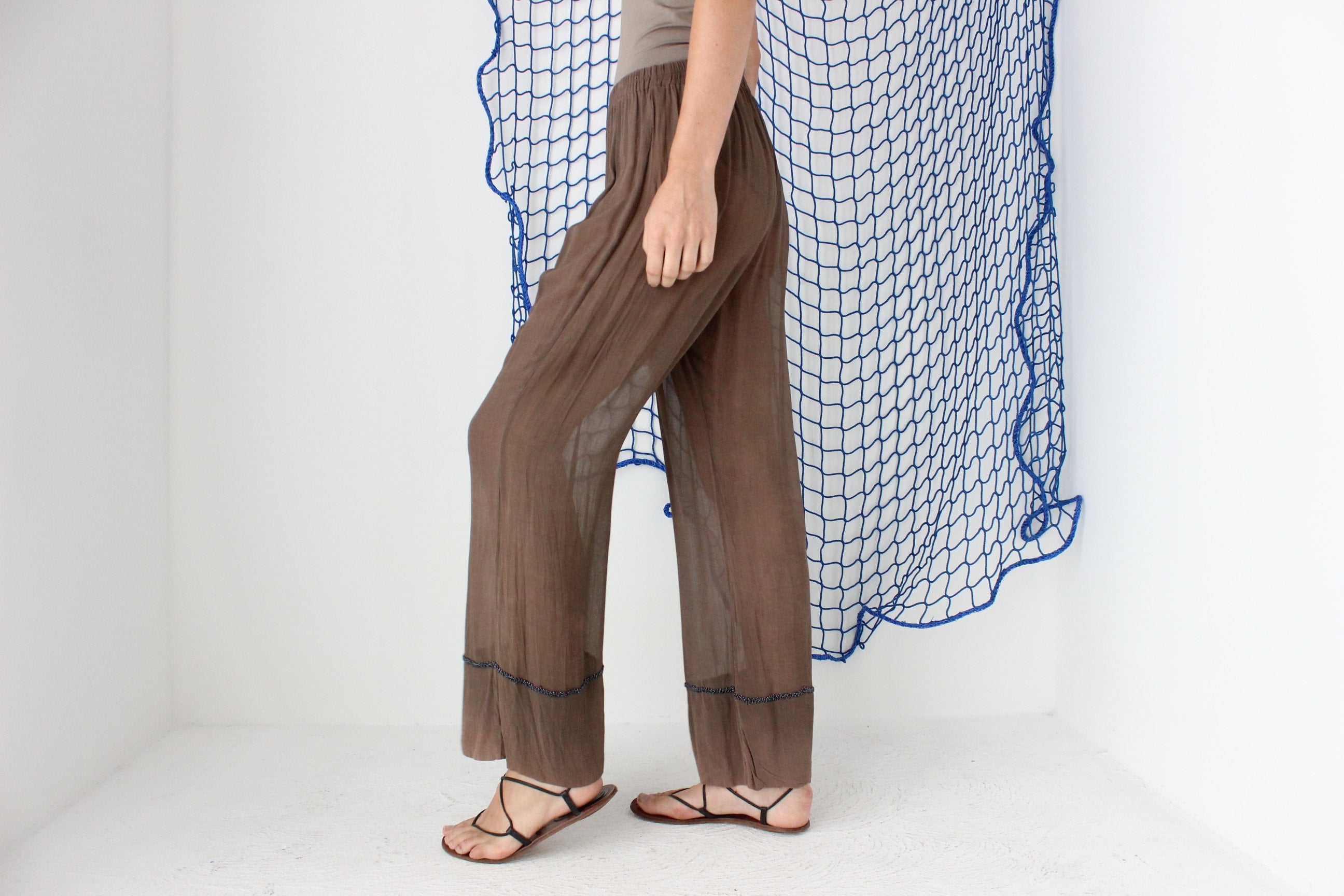 FOUND IN GREECE 90s Sheer Rayon Slouch Pants w/ Beaded Detail