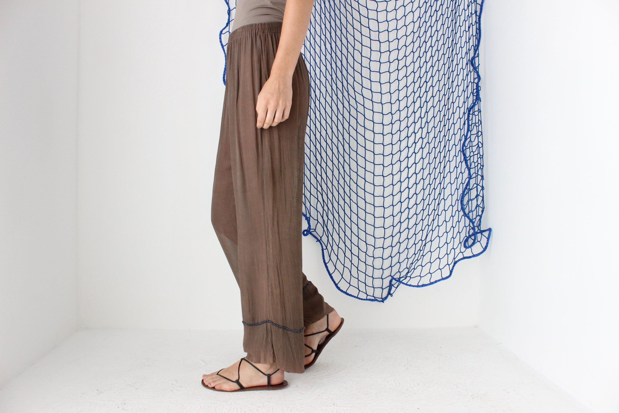 FOUND IN GREECE 90s Sheer Rayon Slouch Pants w/ Beaded Detail