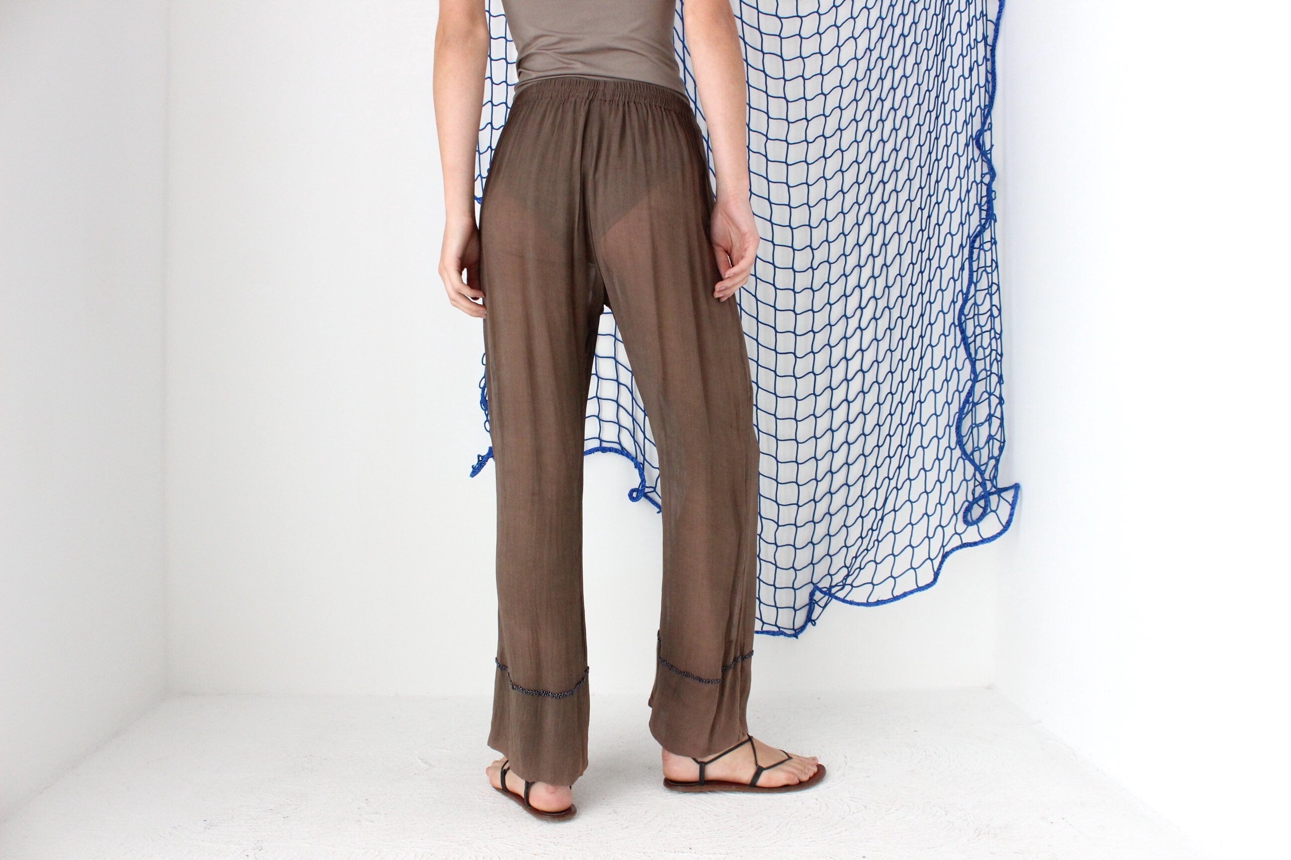 FOUND IN GREECE 90s Sheer Rayon Slouch Pants w/ Beaded Detail