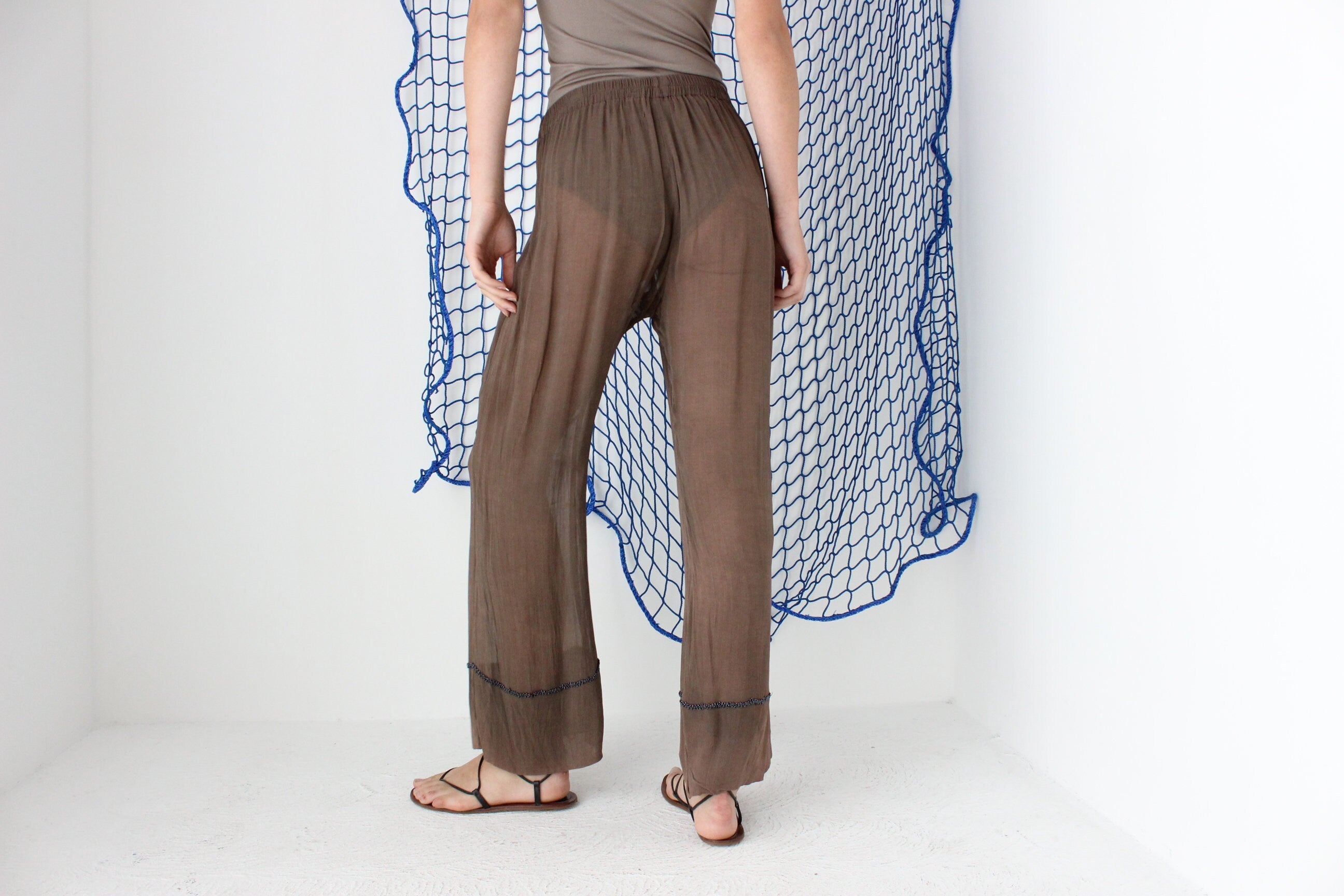 FOUND IN GREECE 90s Sheer Rayon Slouch Pants w/ Beaded Detail