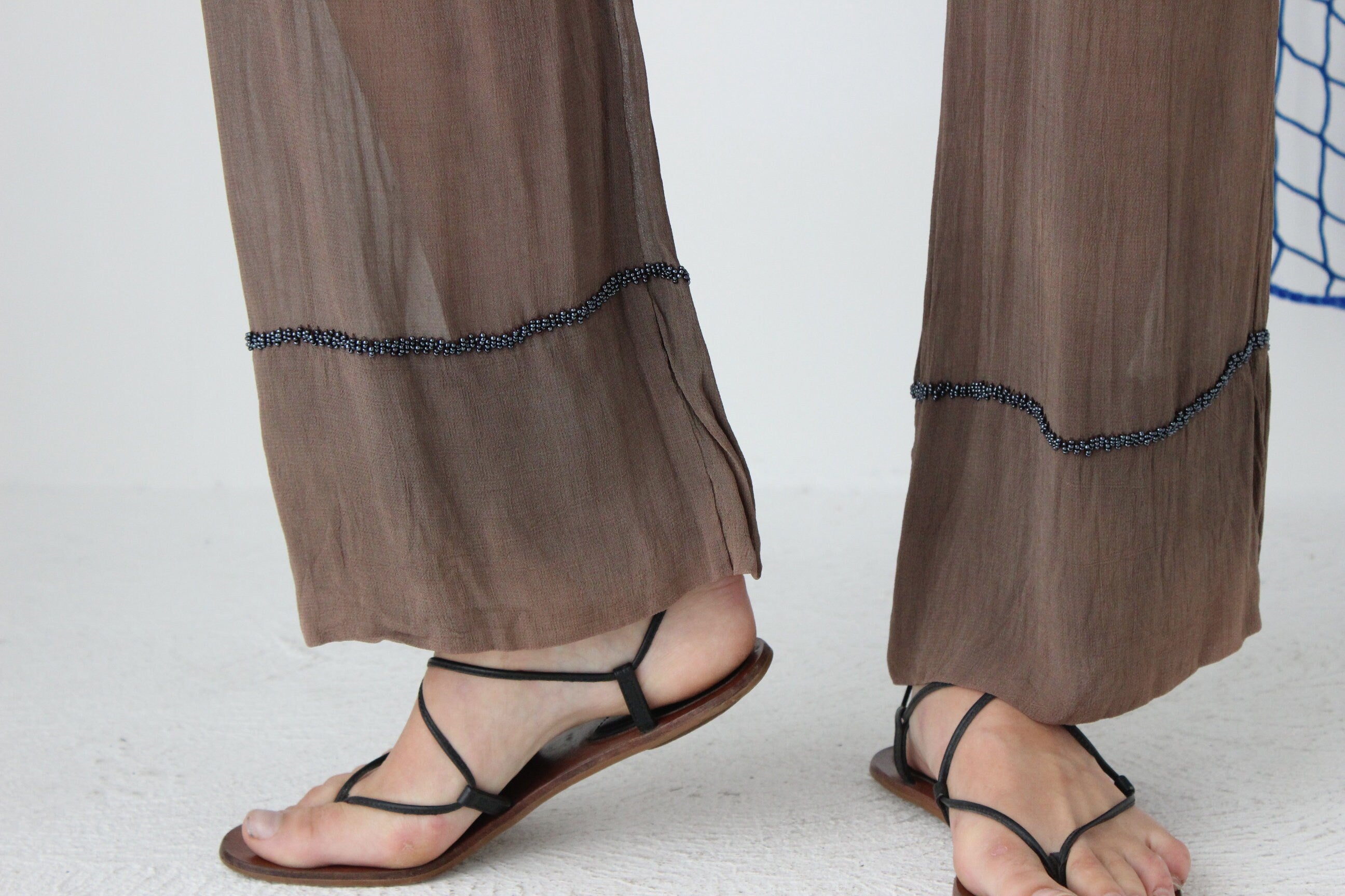 FOUND IN GREECE 90s Sheer Rayon Slouch Pants w/ Beaded Detail